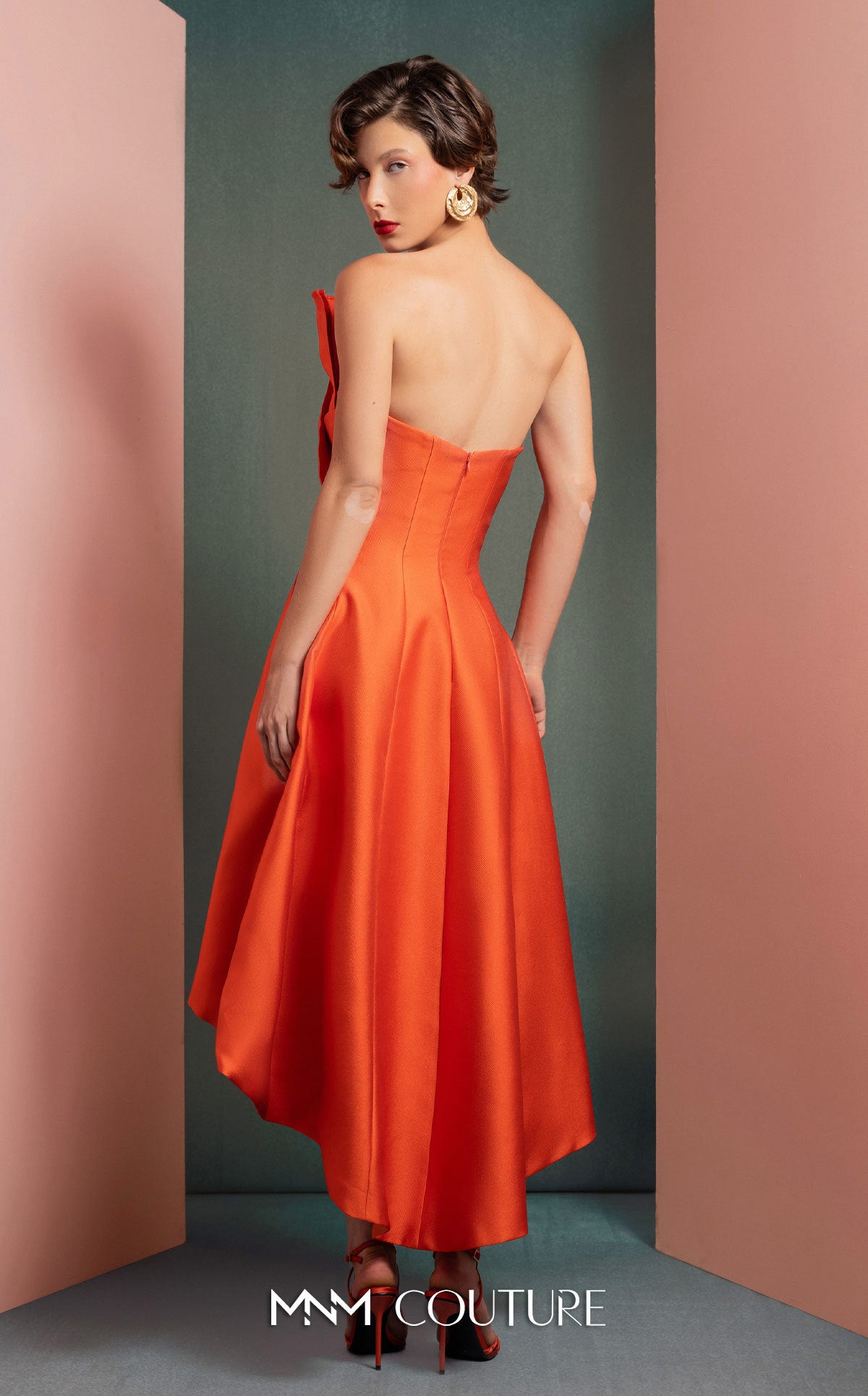 Style GOF2510 Vibrant Orange Mikado Piqué Dress with Structured Pleats