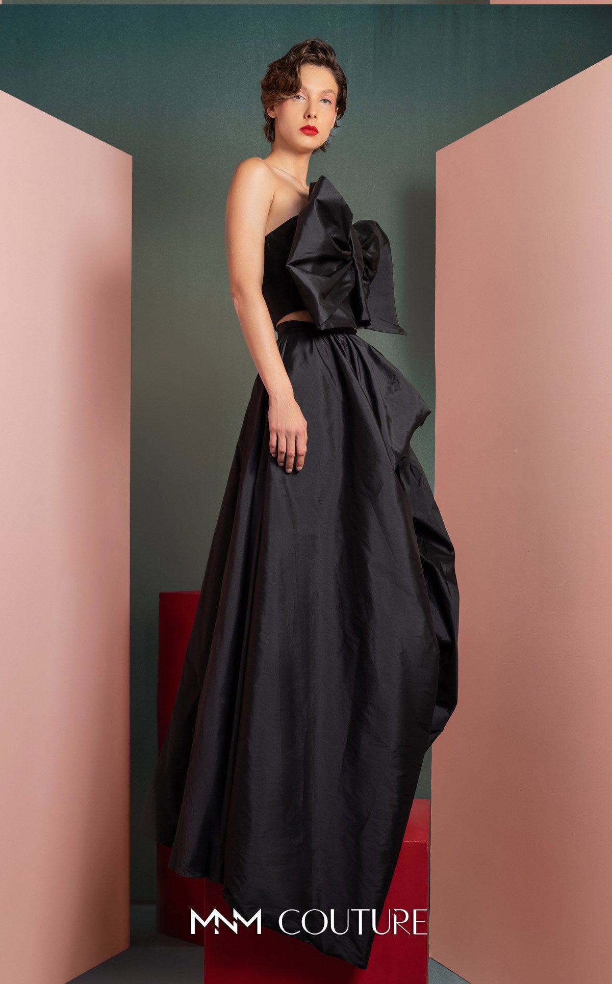 Style GOF2511 Elegant Black Taffeta Top with Statement Bow Voluminous Flowing Black Taffeta Skirt