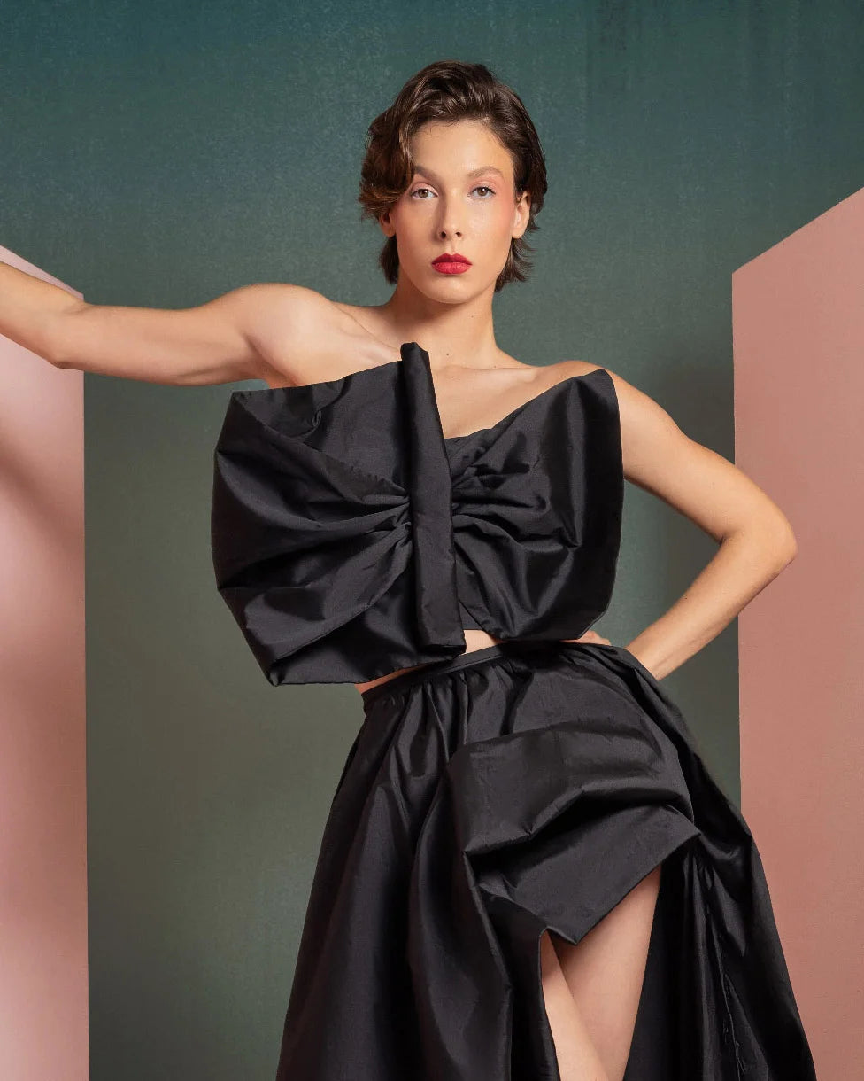 Style GOF2511 Elegant Black Taffeta Top with Statement Bow Voluminous Flowing Black Taffeta Skirt