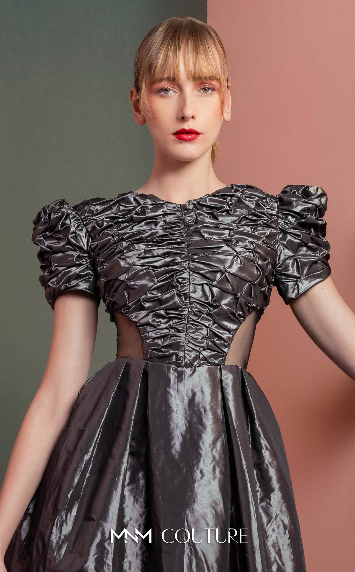 Style GOF2512 Elegant Anthracite Dress with Ruched Bodice and Puff Sleeves