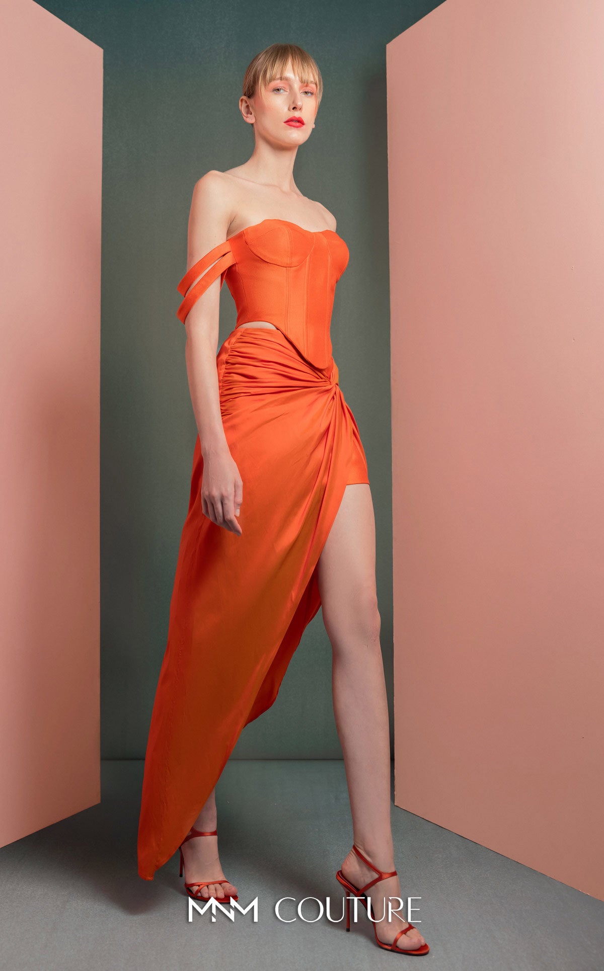 Style GOF2513 Modern Vibrant Orange Mikado Piqué Corset Draped Orange Taffeta Skirt