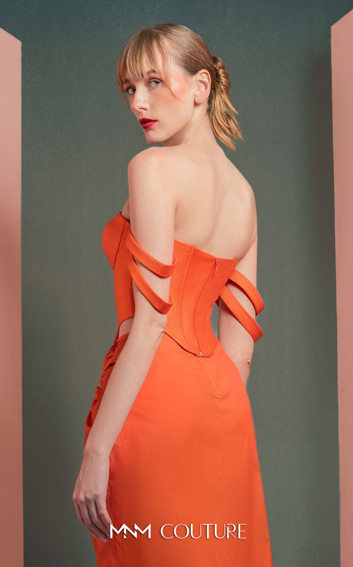 Style GOF2513 Modern Vibrant Orange Mikado Piqué Corset Draped Orange Taffeta Skirt