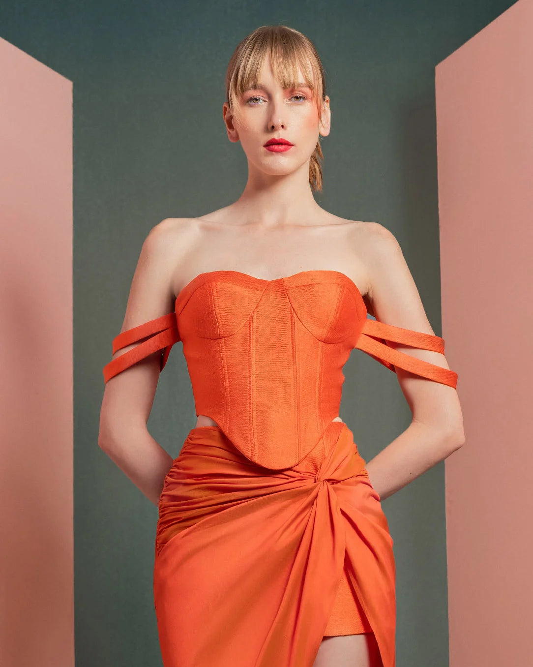 Style GOF2513 Modern Vibrant Orange Mikado Piqué Corset Draped Orange Taffeta Skirt