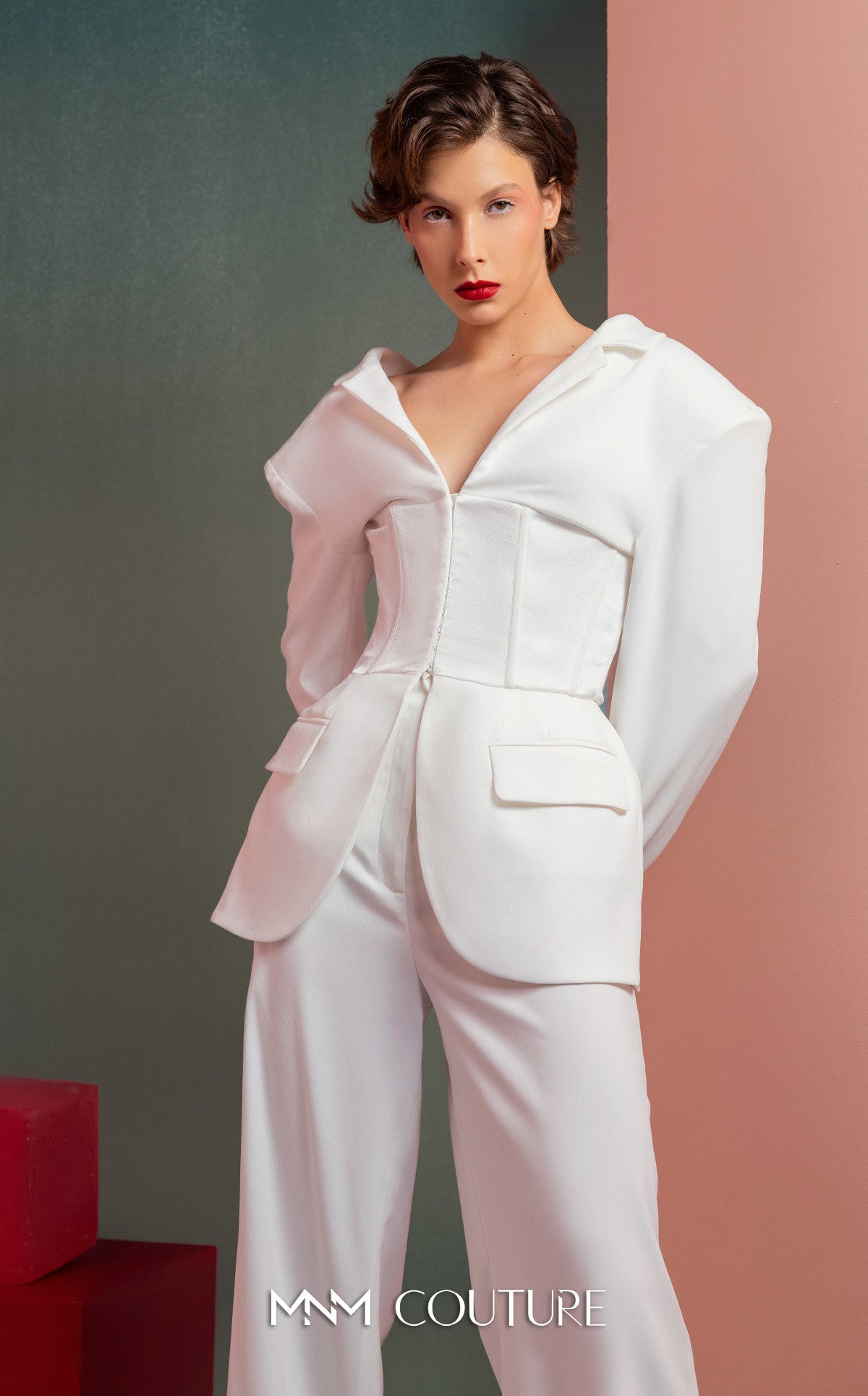 Style GOF2514 Structured Blazer with Corset Detailing Elegant White Crepe High-Waist Pants