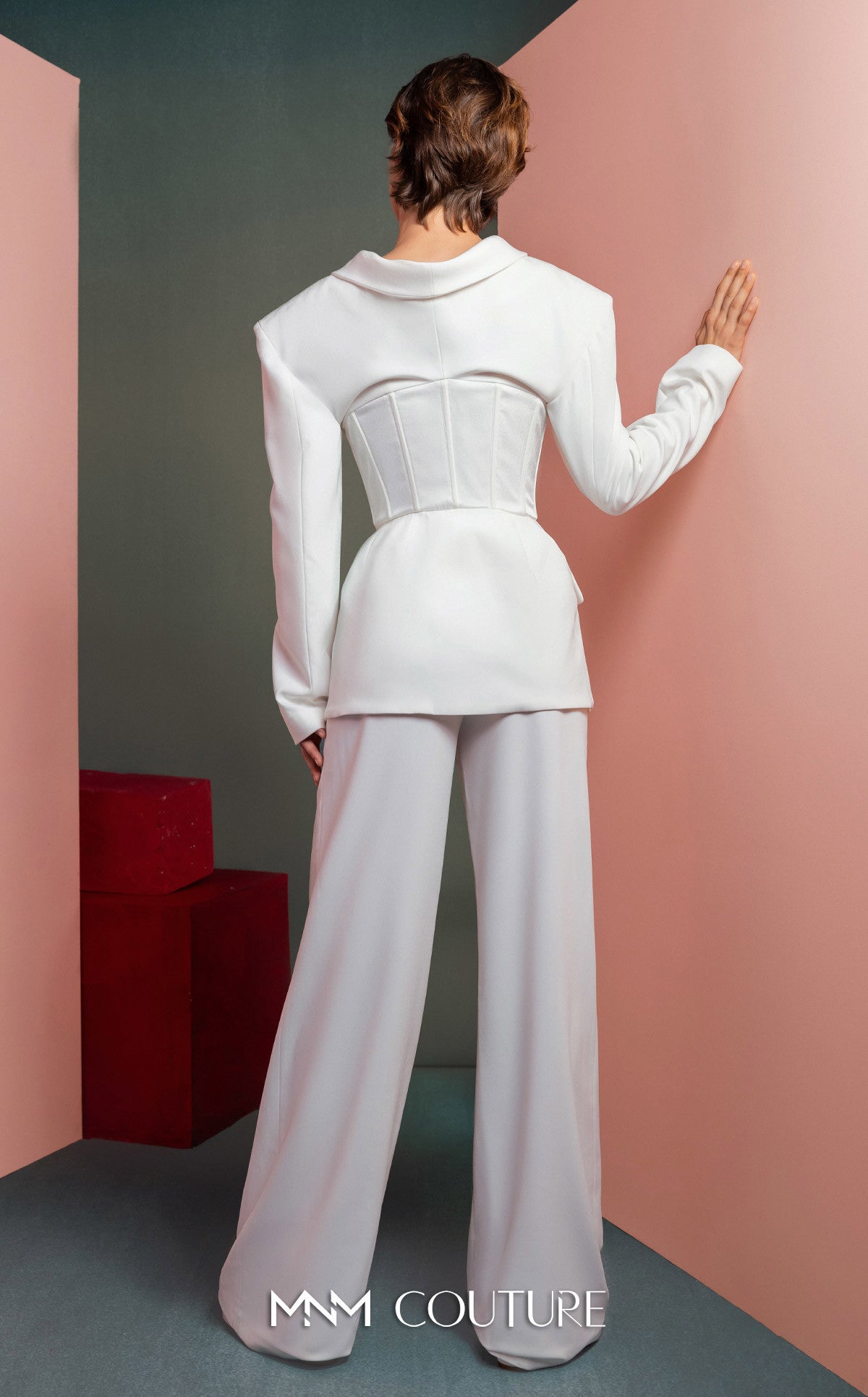 Style GOF2514 Structured Blazer with Corset Detailing Elegant White Crepe High-Waist Pants