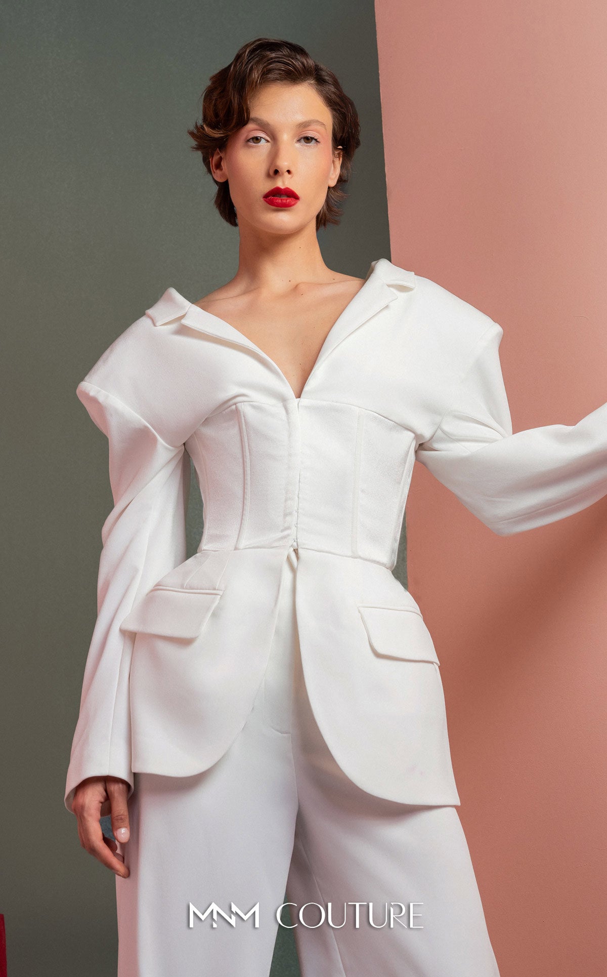 Style GOF2514 Structured Blazer with Corset Detailing Elegant White Crepe High-Waist Pants
