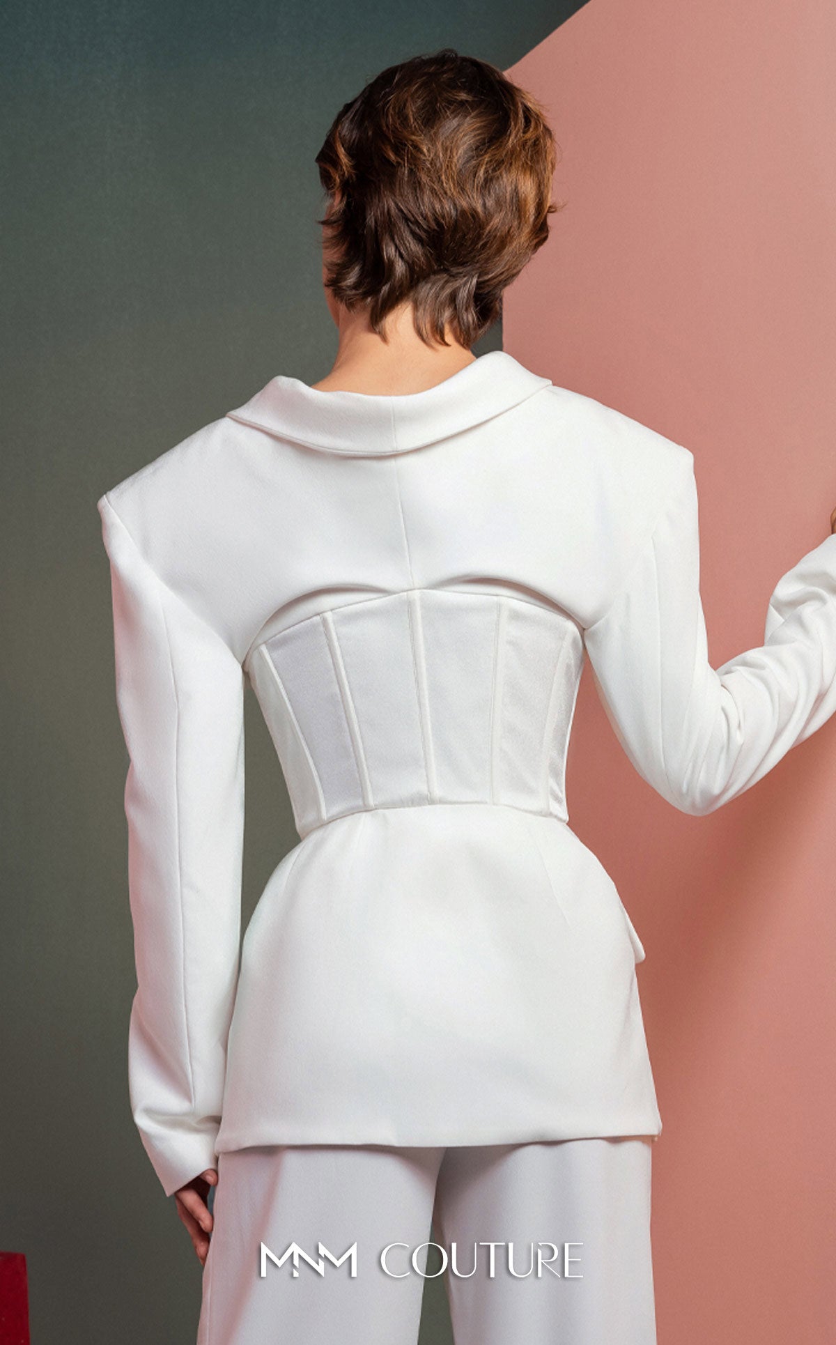 Style GOF2514 Structured Blazer with Corset Detailing Elegant White Crepe High-Waist Pants