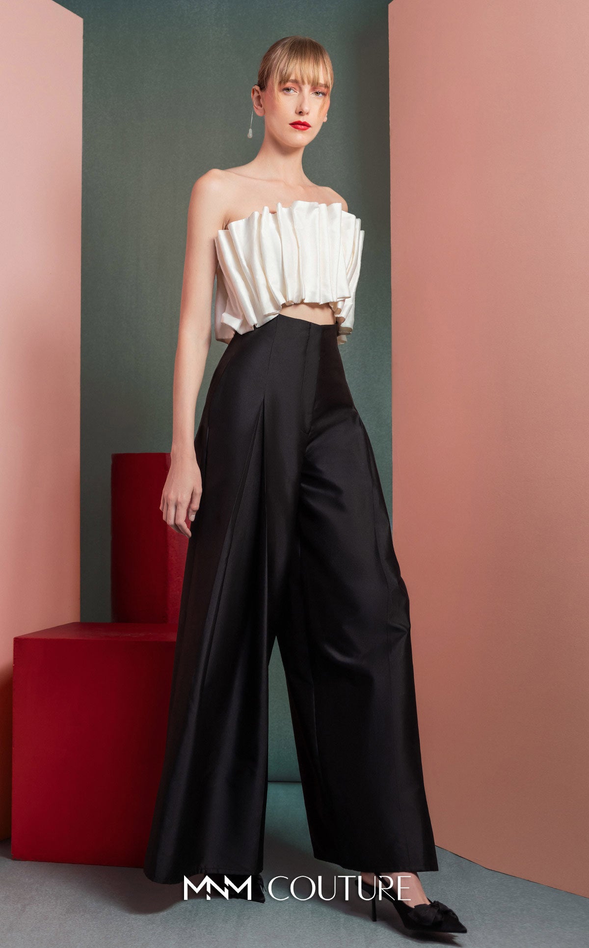 Style GOF2516 White Pleated Taffeta Crop Top Wide-Leg Taffeta Pants