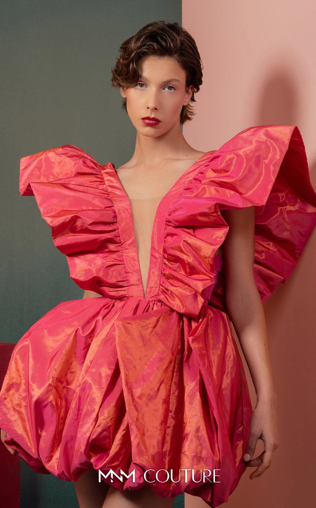 Style GOF2518 Plunging Ruffles in Metallic Coral Taffeta Party Dress
