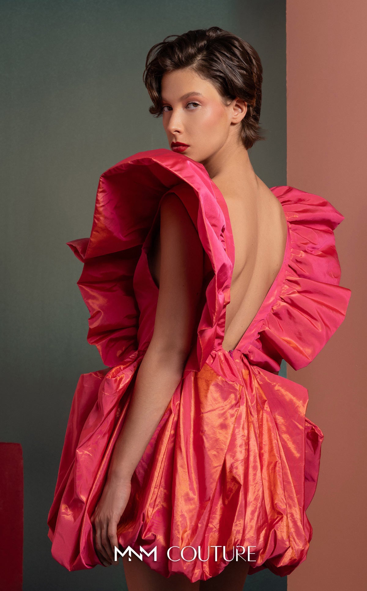 Style GOF2518 Plunging Ruffles in Metallic Coral Taffeta Party Dress