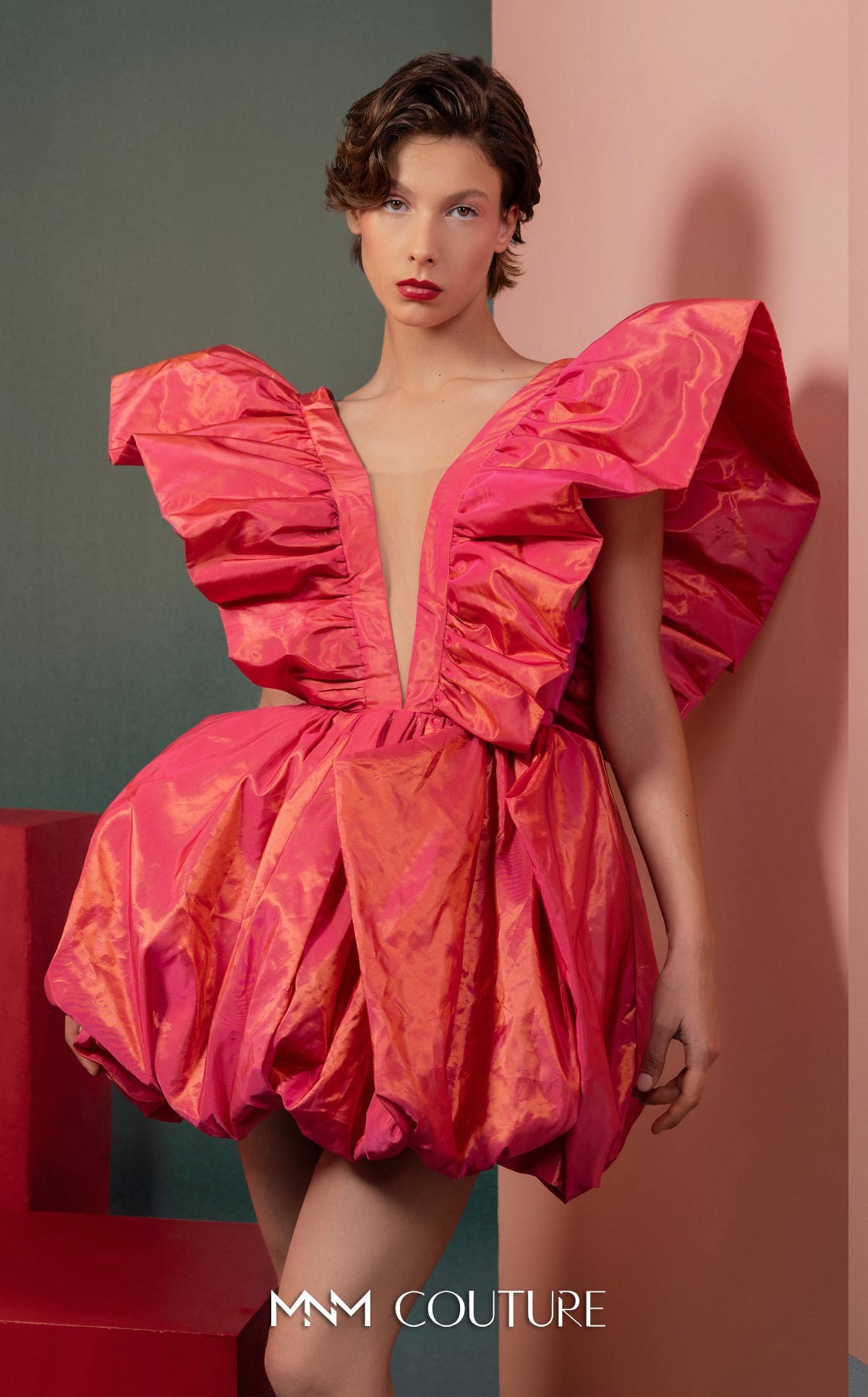 Style GOF2518 Plunging Ruffles in Metallic Coral Taffeta Party Dress