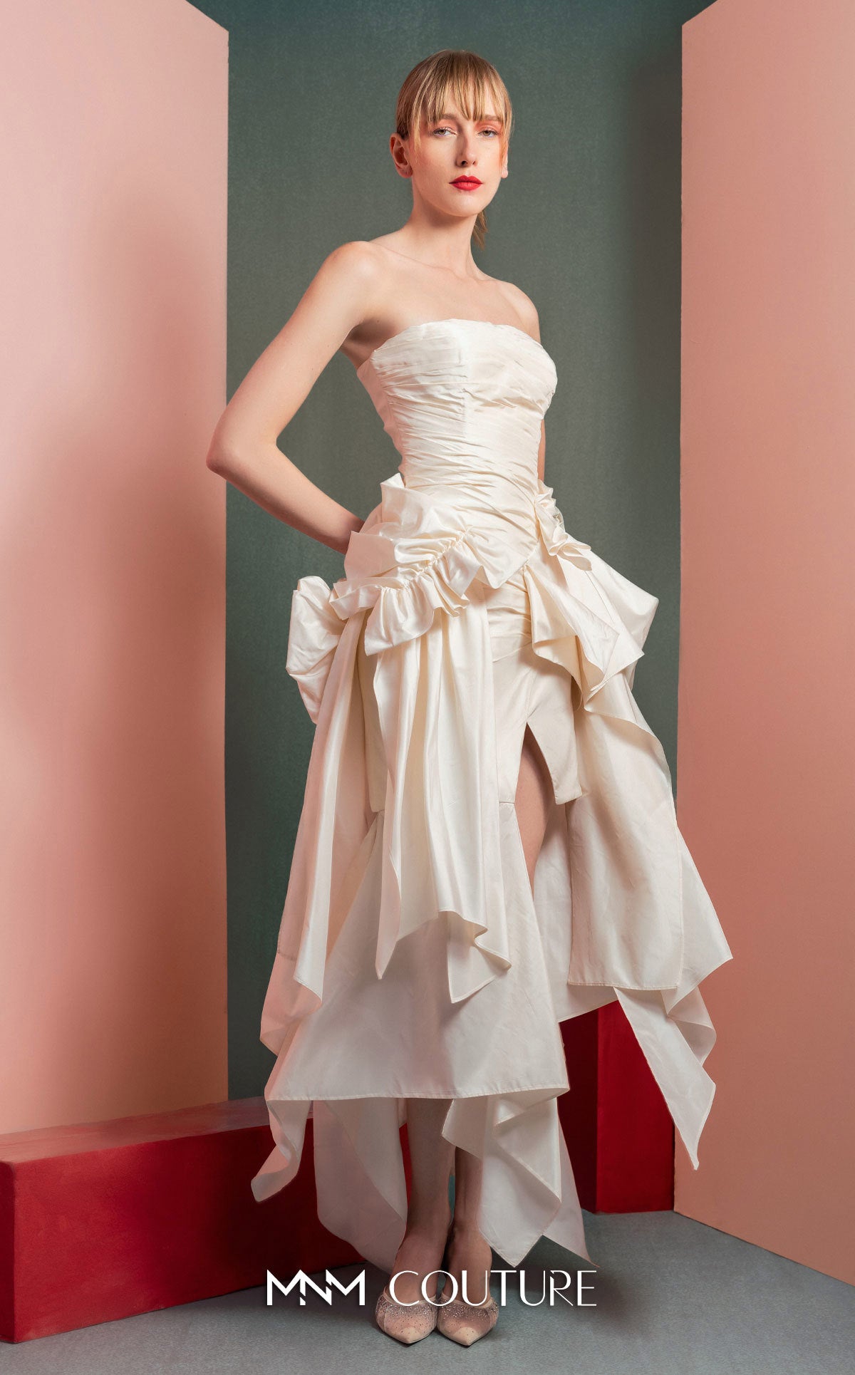 Style GOF2519 Strapless Asymmetrical Taffeta Dress with Ruffle Accents