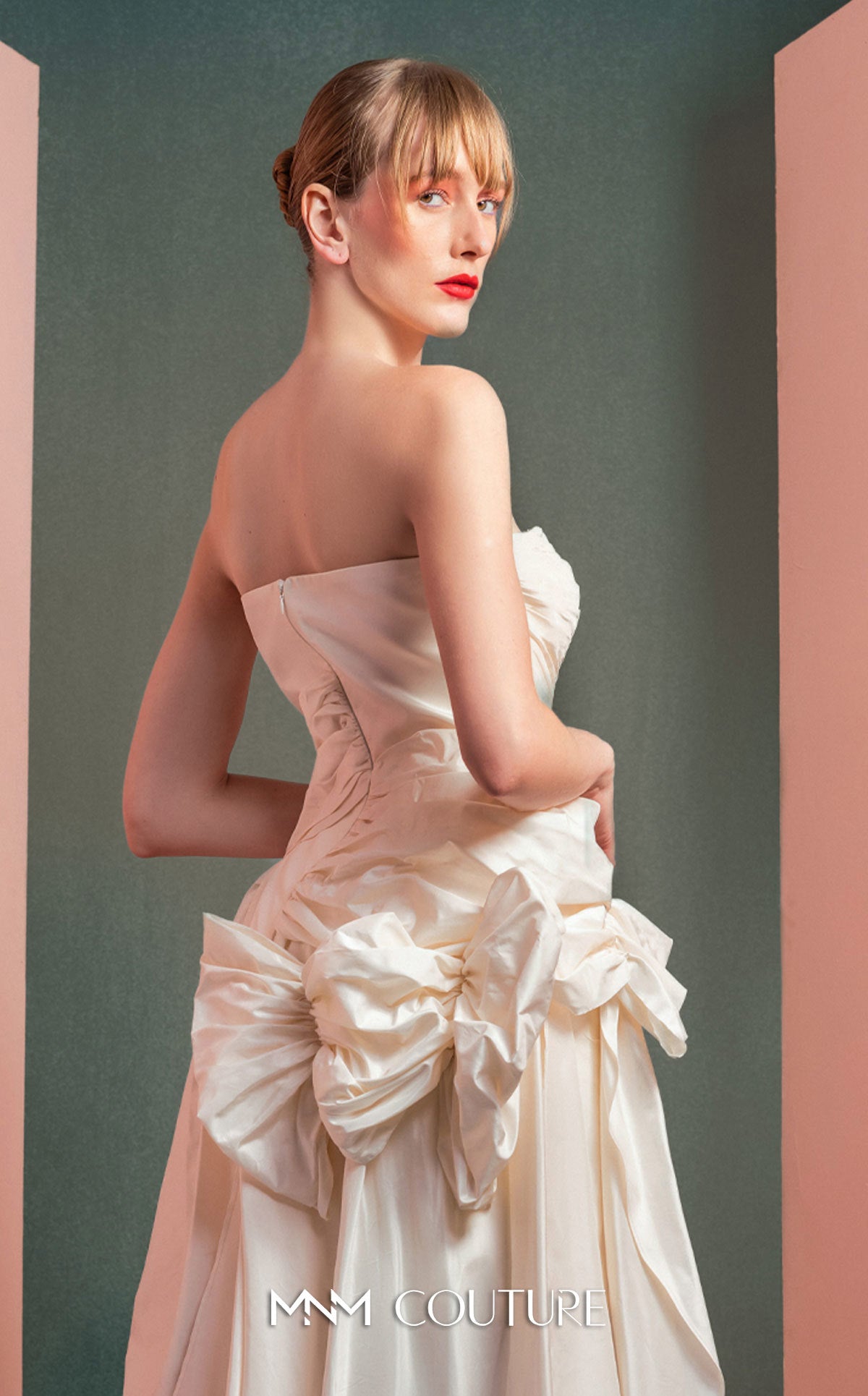 Style GOF2519 Strapless Asymmetrical Taffeta Dress with Ruffle Accents