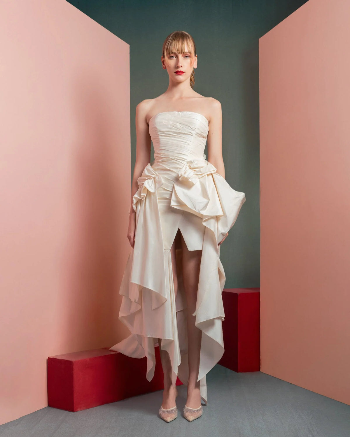 Style GOF2519 Strapless Asymmetrical Taffeta Dress with Ruffle Accents