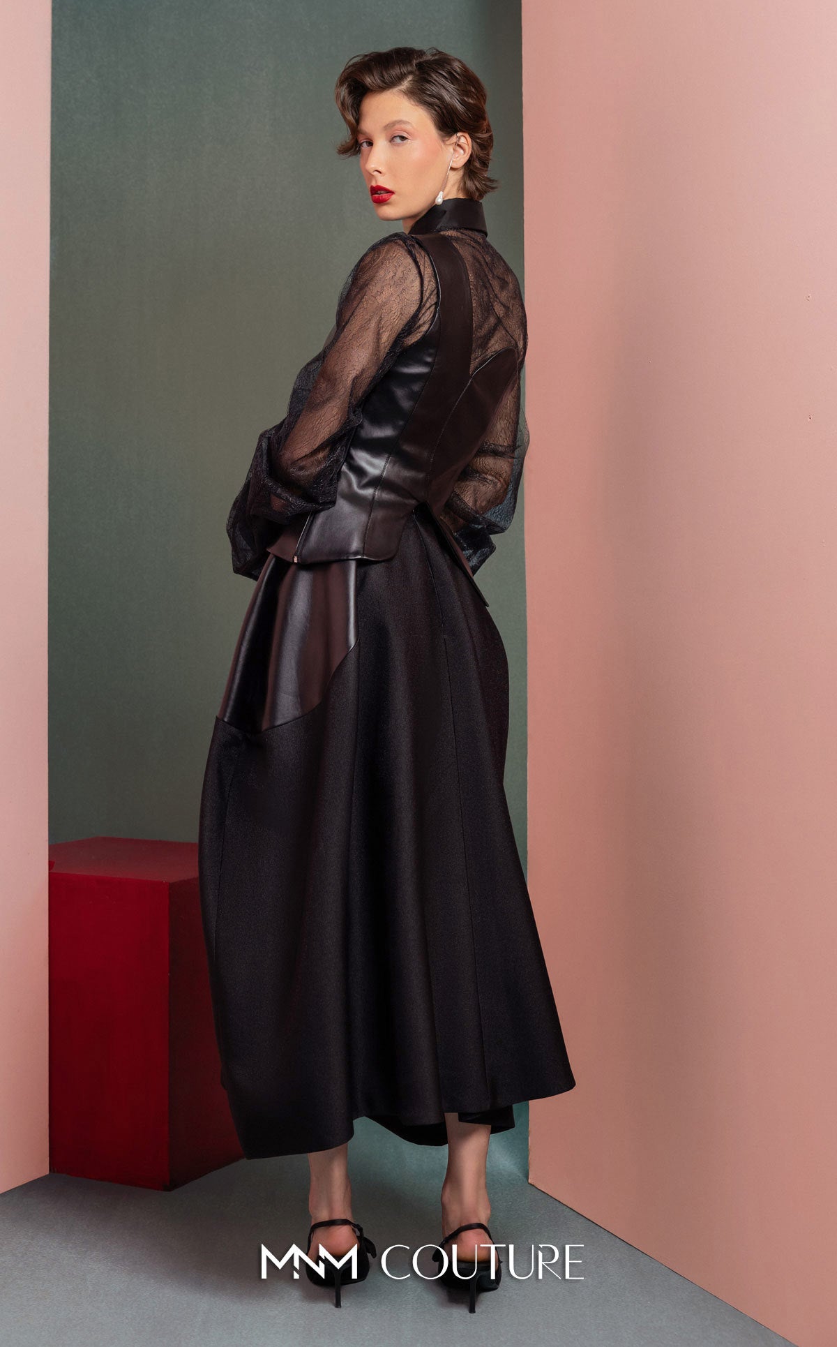 Style GOF2520 One-Shoulder Leather Top Mikado Piqué Skirt with Leather Inserts