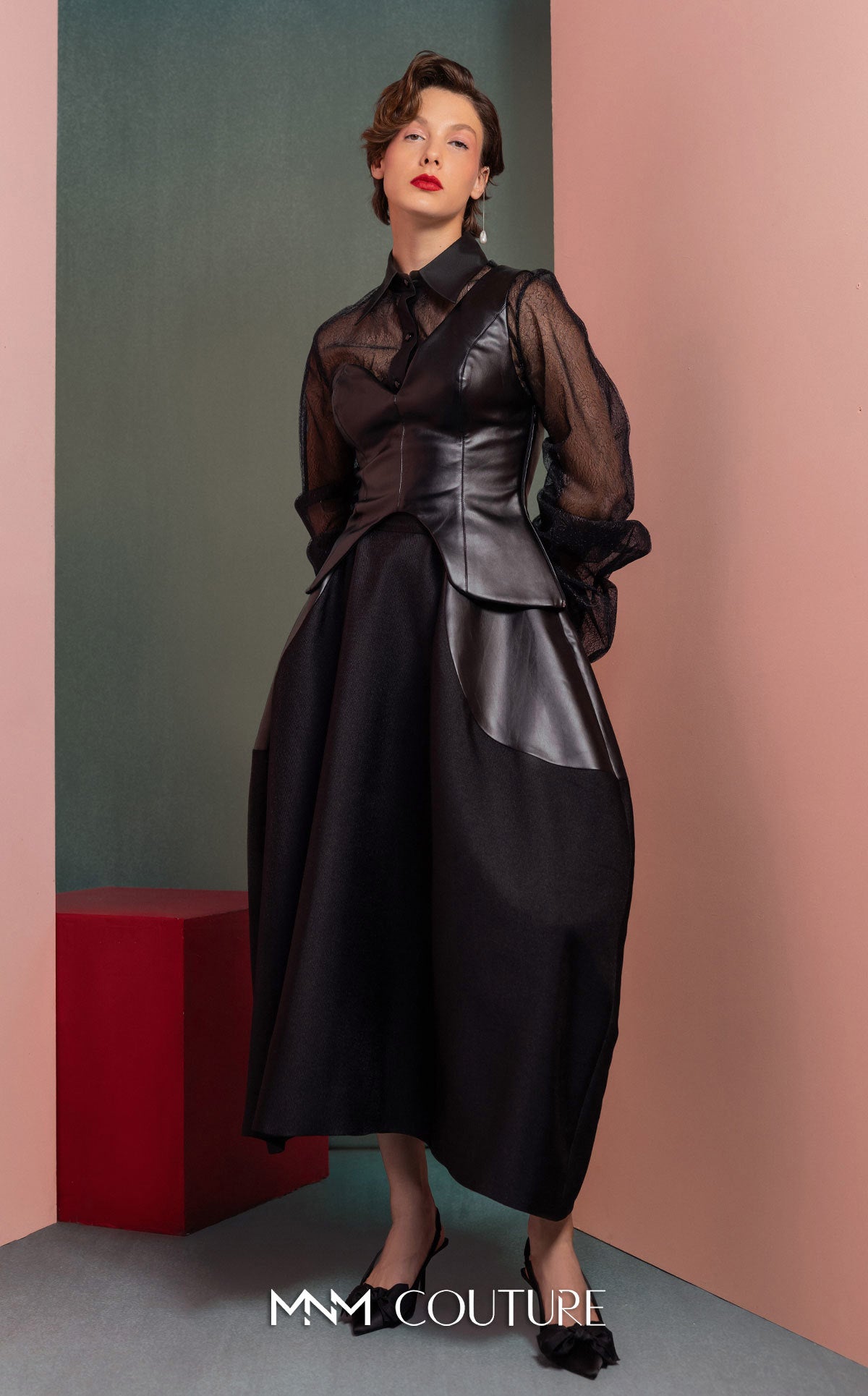 Style GOF2520 One-Shoulder Leather Top Mikado Piqué Skirt with Leather Inserts