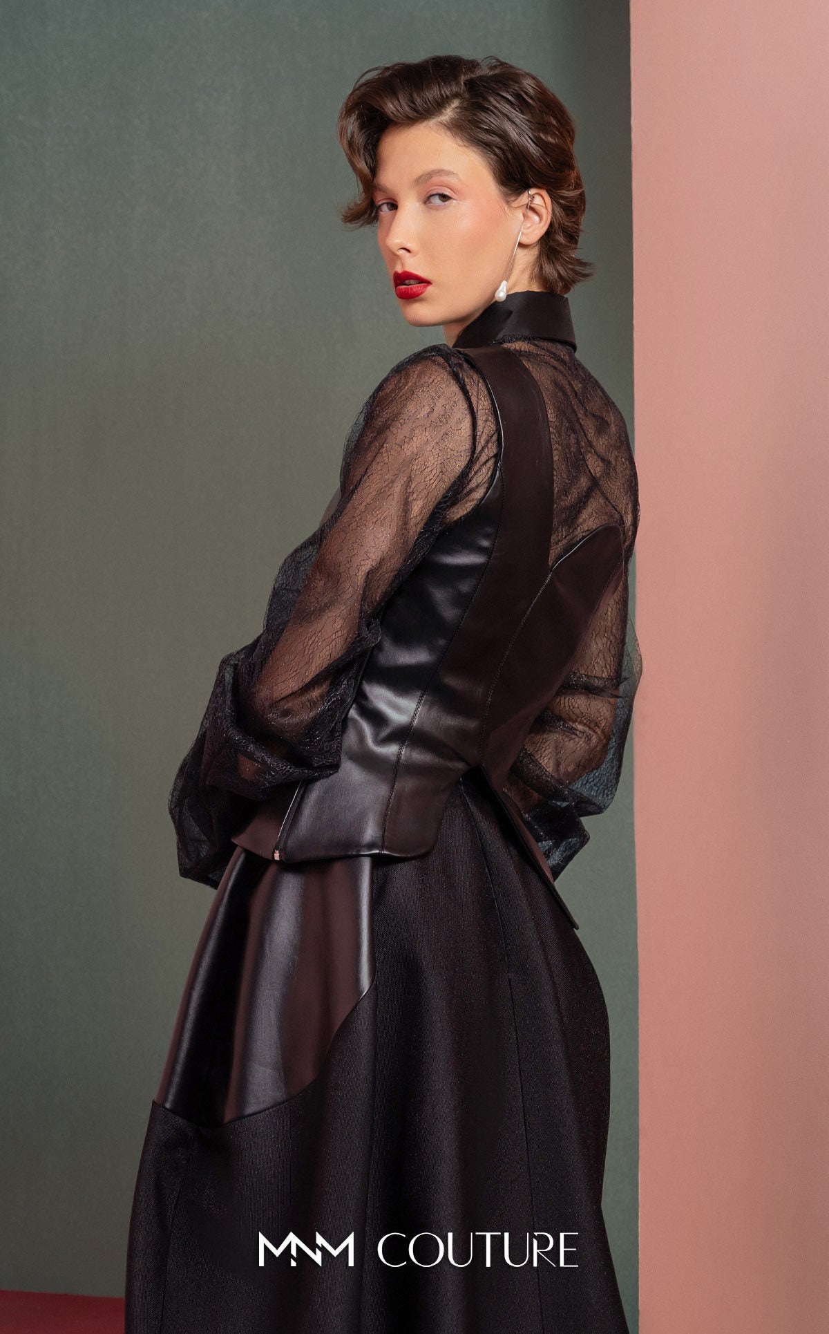 Style GOF2520 One-Shoulder Leather Top Mikado Piqué Skirt with Leather Inserts