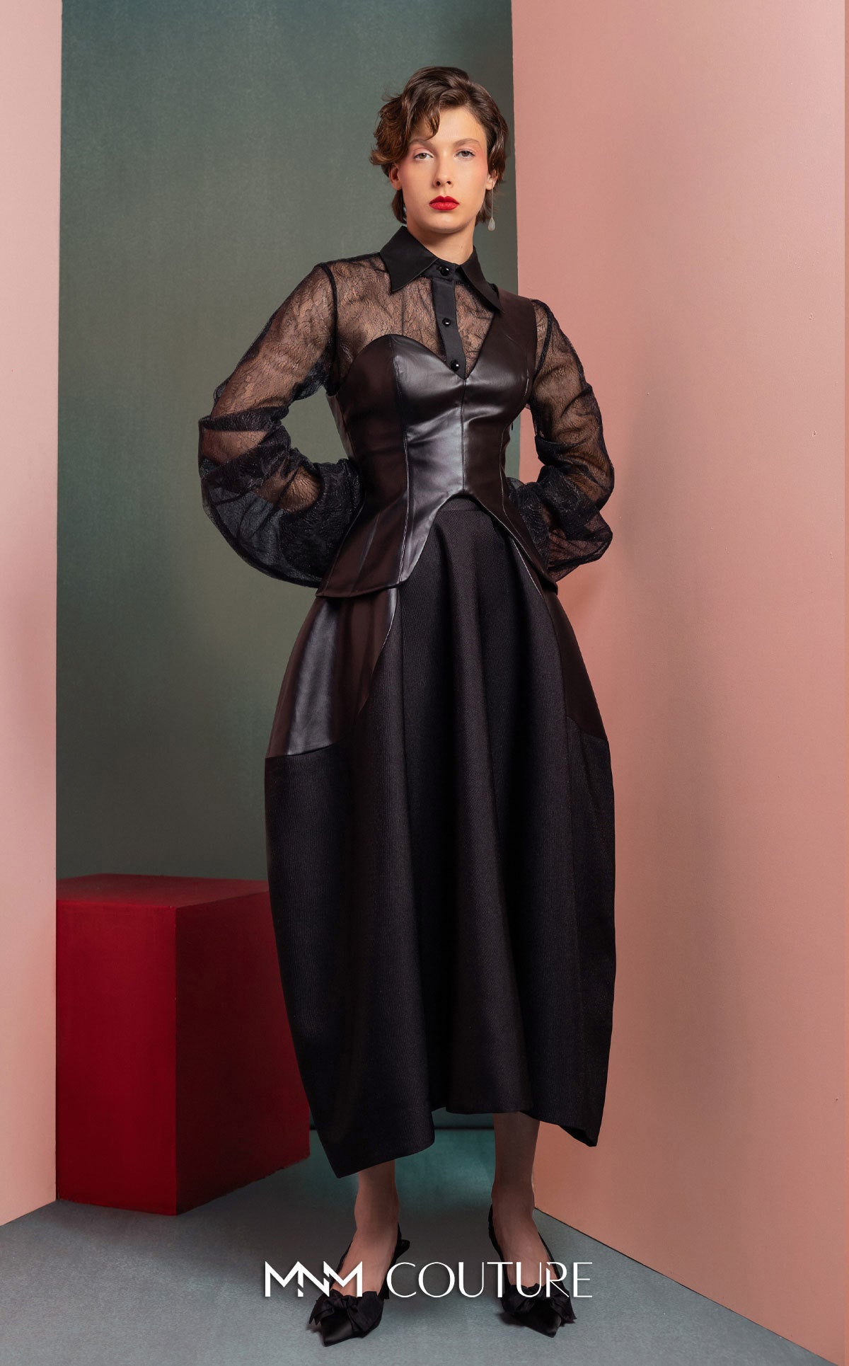 Style GOF2520 One-Shoulder Leather Top Mikado Piqué Skirt with Leather Inserts