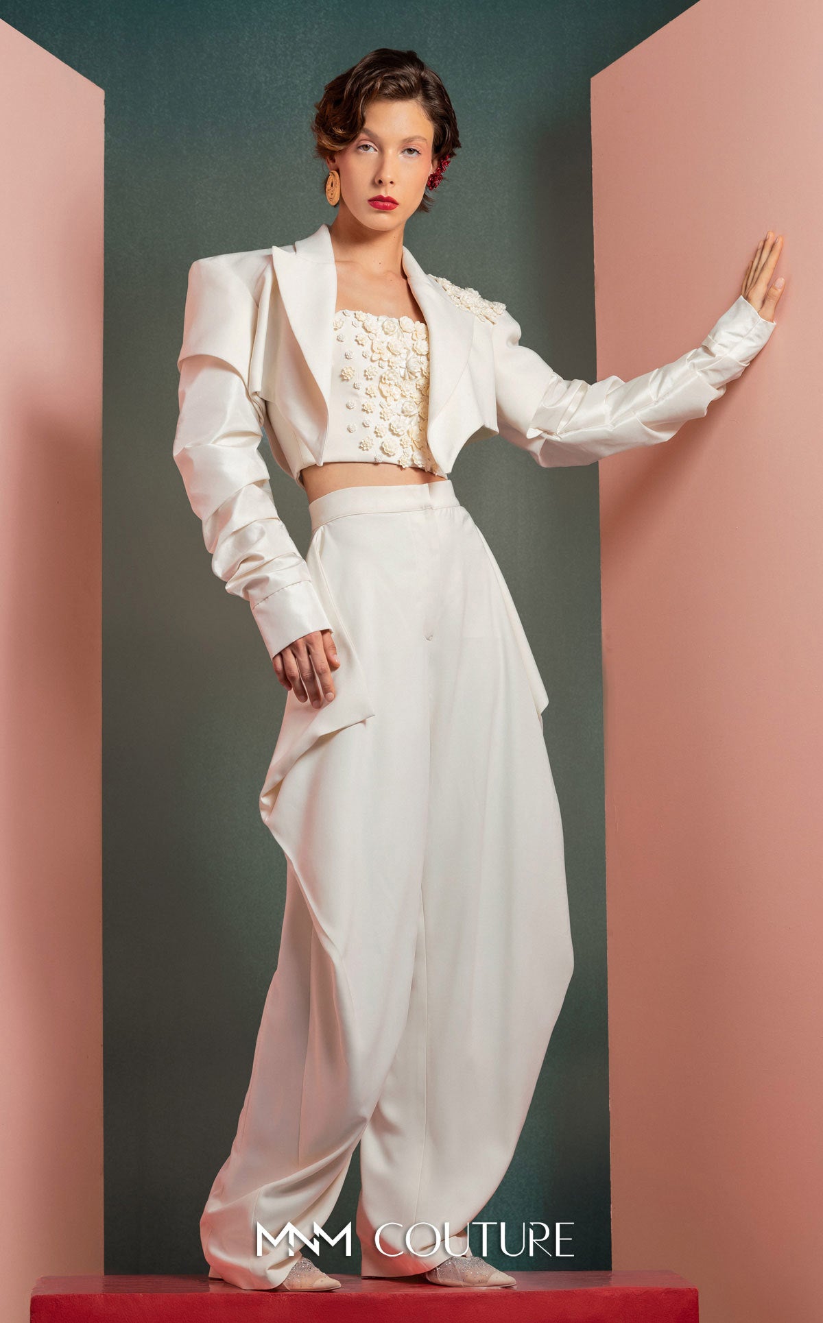 Style GOF2522 Ruched Sleeves Asymmetrical Crop Jacket with Floral Detailing Floral Detailing Corset High-Waisted Pants