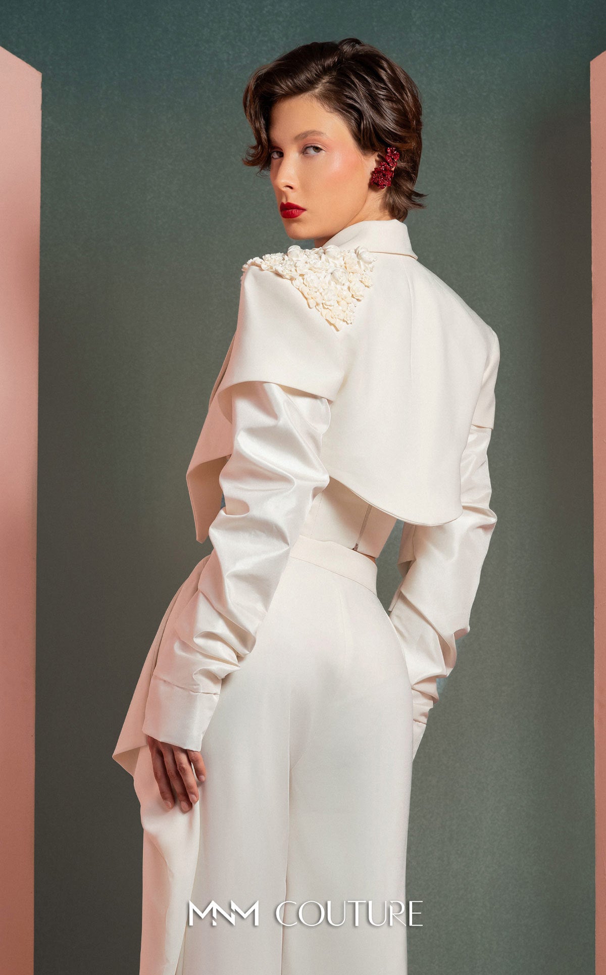 Style GOF2522 Ruched Sleeves Asymmetrical Crop Jacket with Floral Detailing Floral Detailing Corset High-Waisted Pants