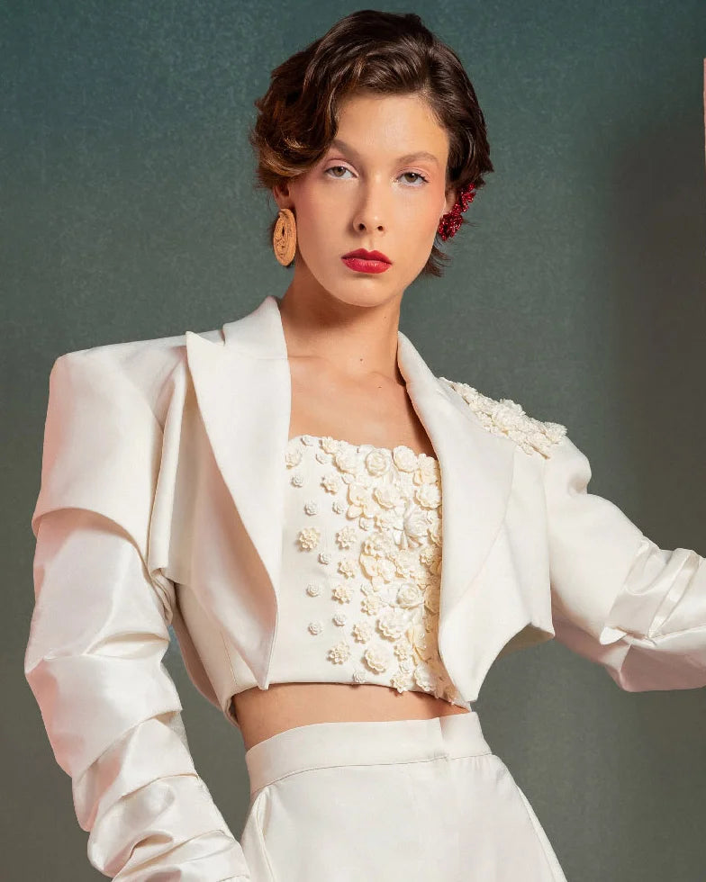Style GOF2522 Ruched Sleeves Asymmetrical Crop Jacket with Floral Detailing Floral Detailing Corset High-Waisted Pants