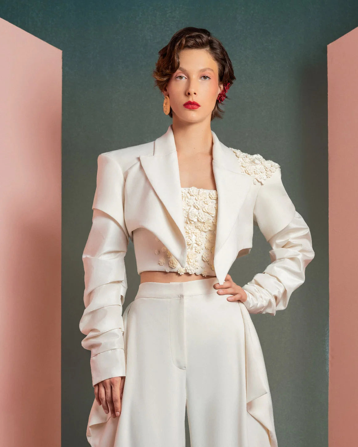 Style GOF2522 Ruched Sleeves Asymmetrical Crop Jacket with Floral Detailing Floral Detailing Corset High-Waisted Pants