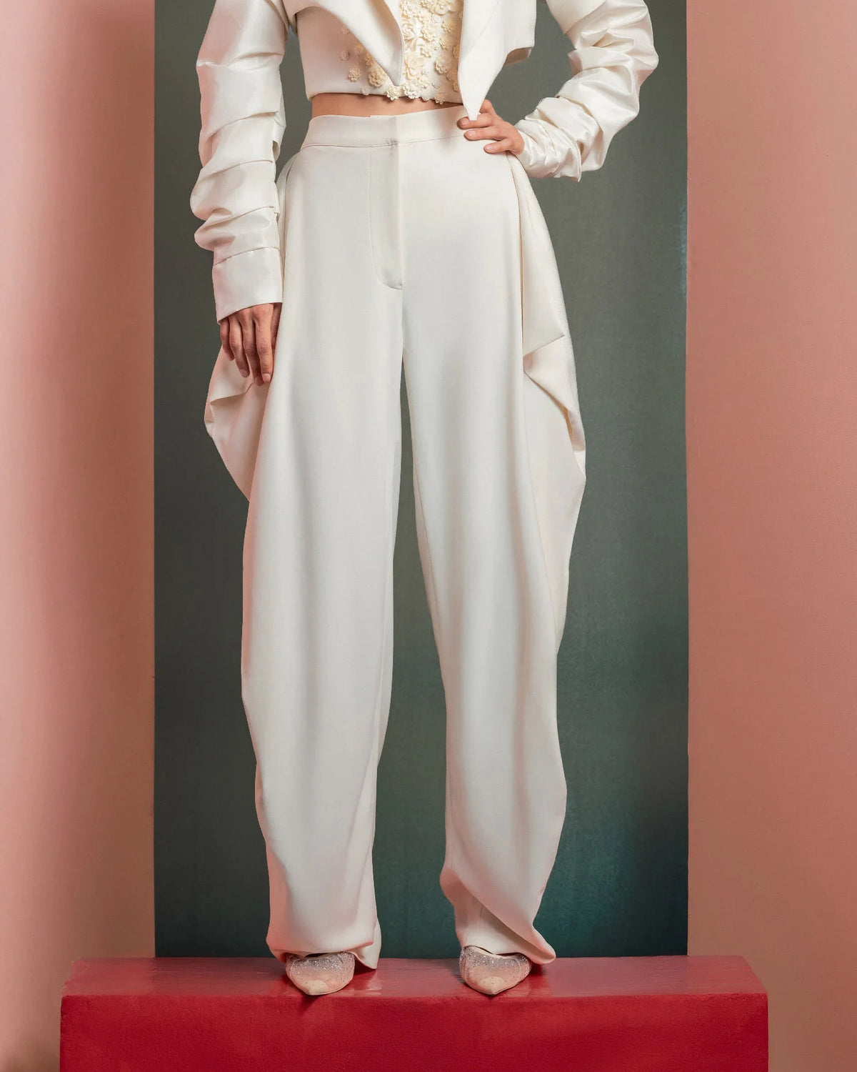 Style GOF2522 Ruched Sleeves Asymmetrical Crop Jacket with Floral Detailing Floral Detailing Corset High-Waisted Pants