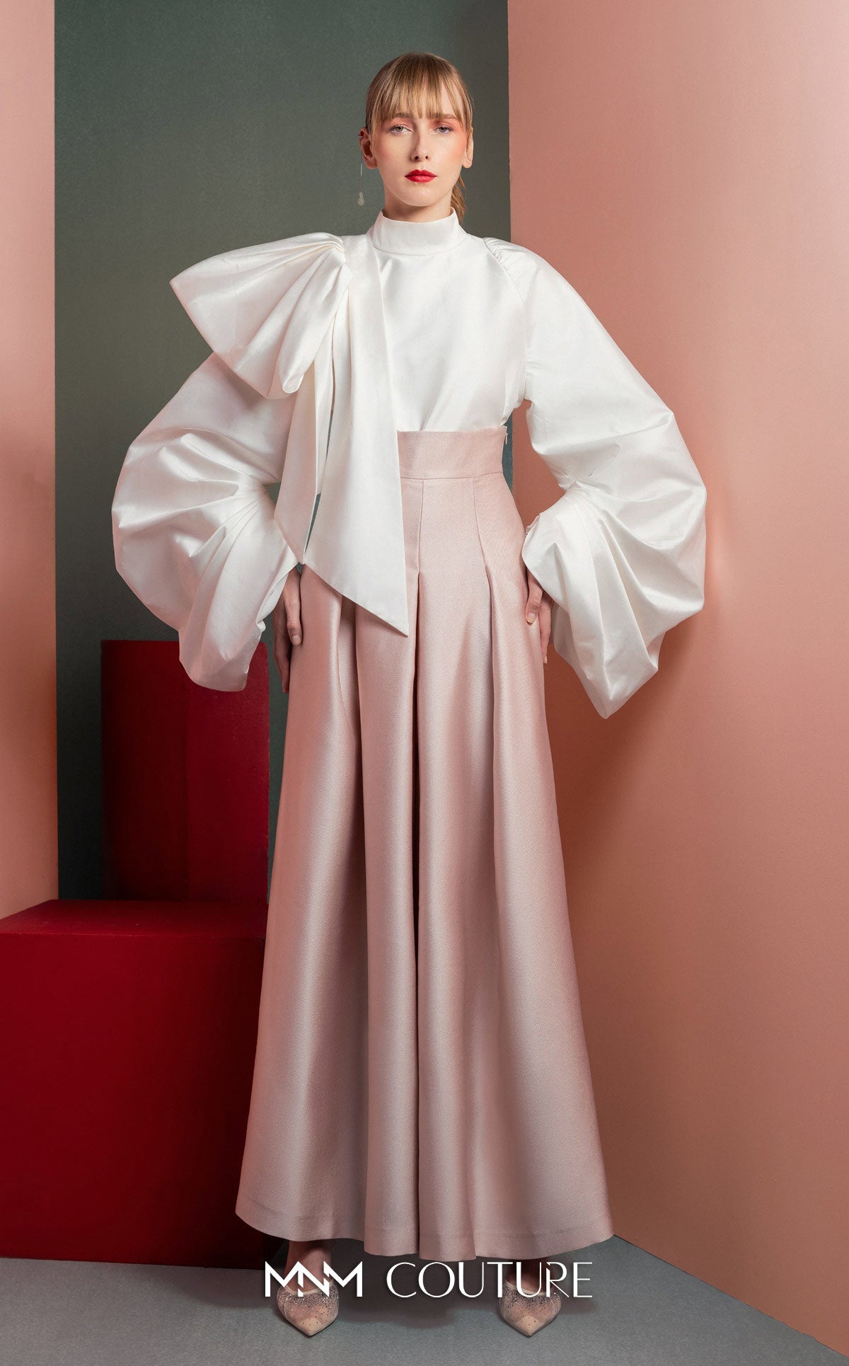 Style GOF2523 Exaggerated Sleeves White Taffeta Blouse Chic Pink Wide-Leg Pants