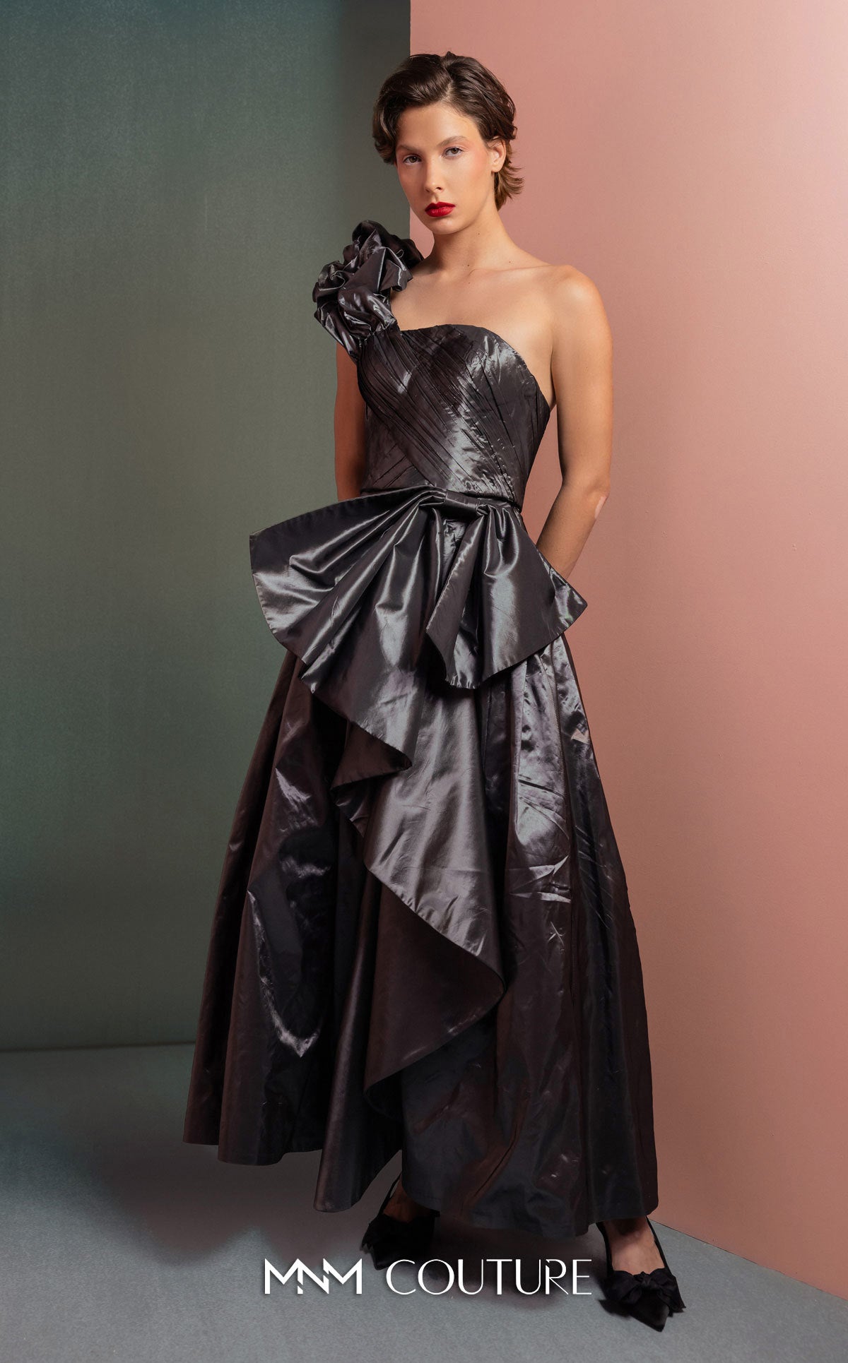 Style GOF2524 Manipulated One-Shoulder Metallic Taffeta Top High-Waisted Metallic Taffeta Skirt
