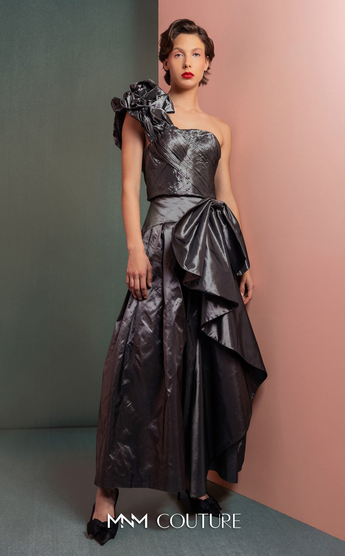 Style GOF2524 Manipulated One-Shoulder Metallic Taffeta Top High-Waisted Metallic Taffeta Skirt