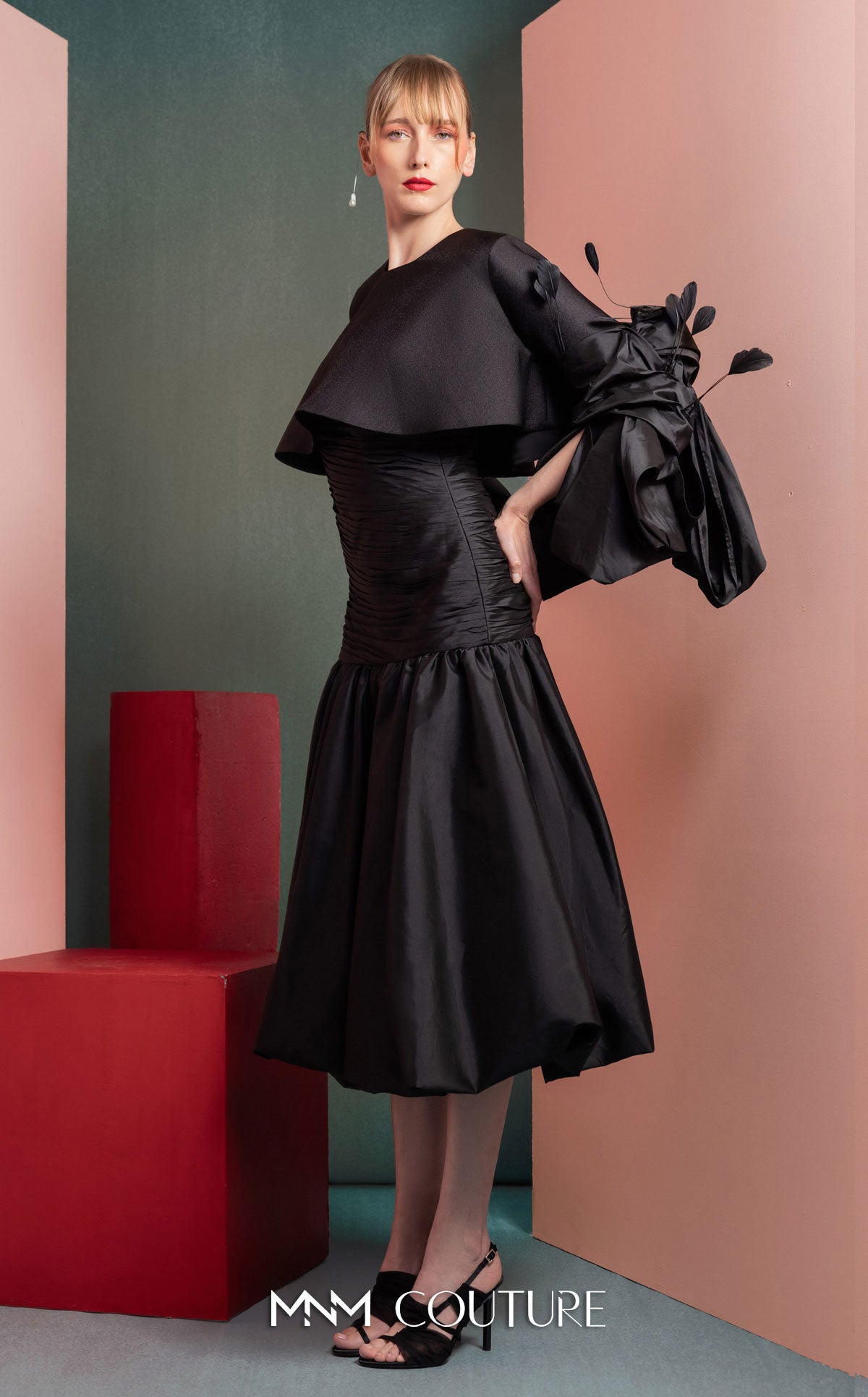 Style GOF2525 Sophisticated Taffeta Bodice Dress with Glamorous Draping Black Gala Feathered Bolero Sleeves