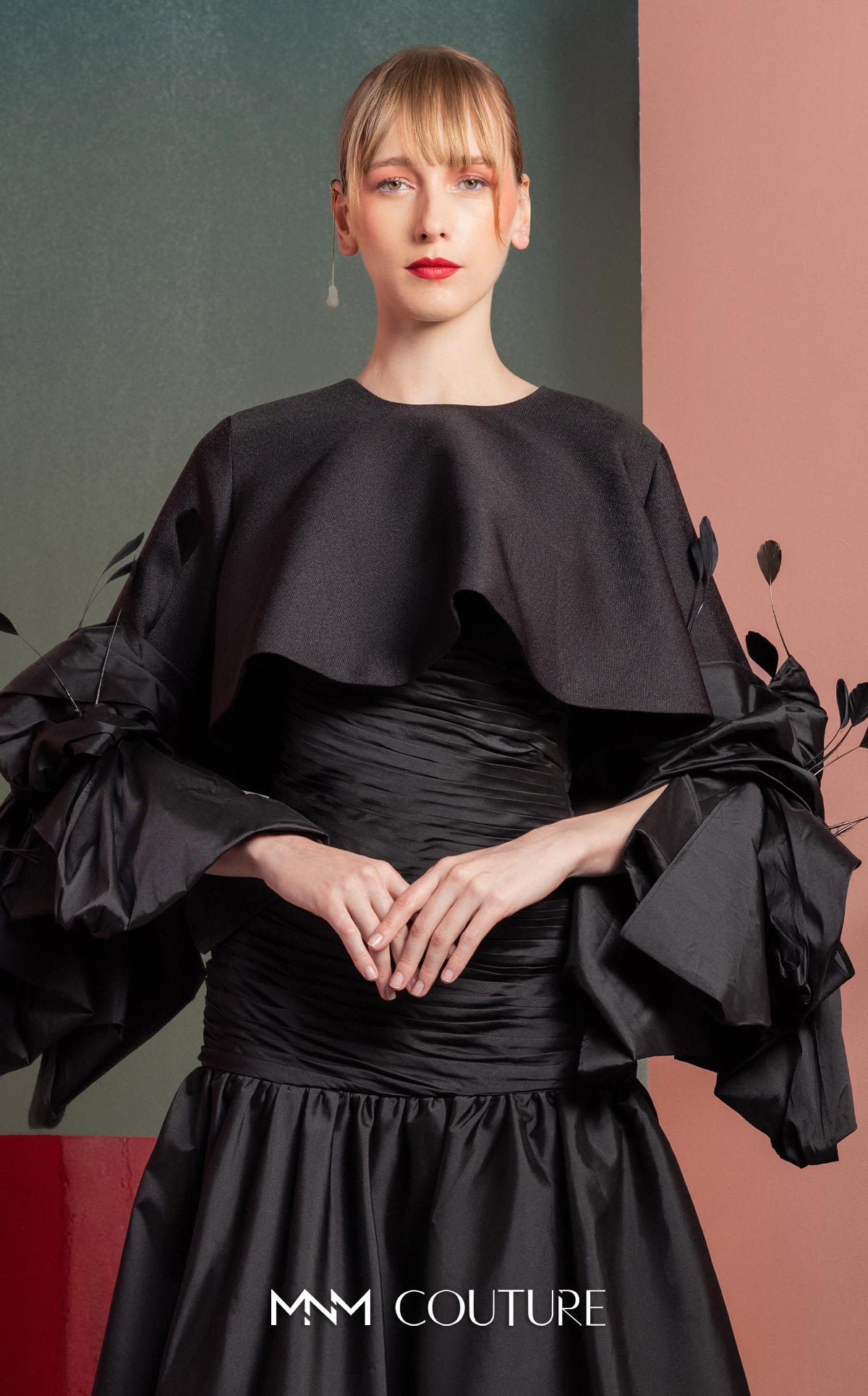Style GOF2525 Sophisticated Taffeta Bodice Dress with Glamorous Draping Black Gala Feathered Bolero Sleeves