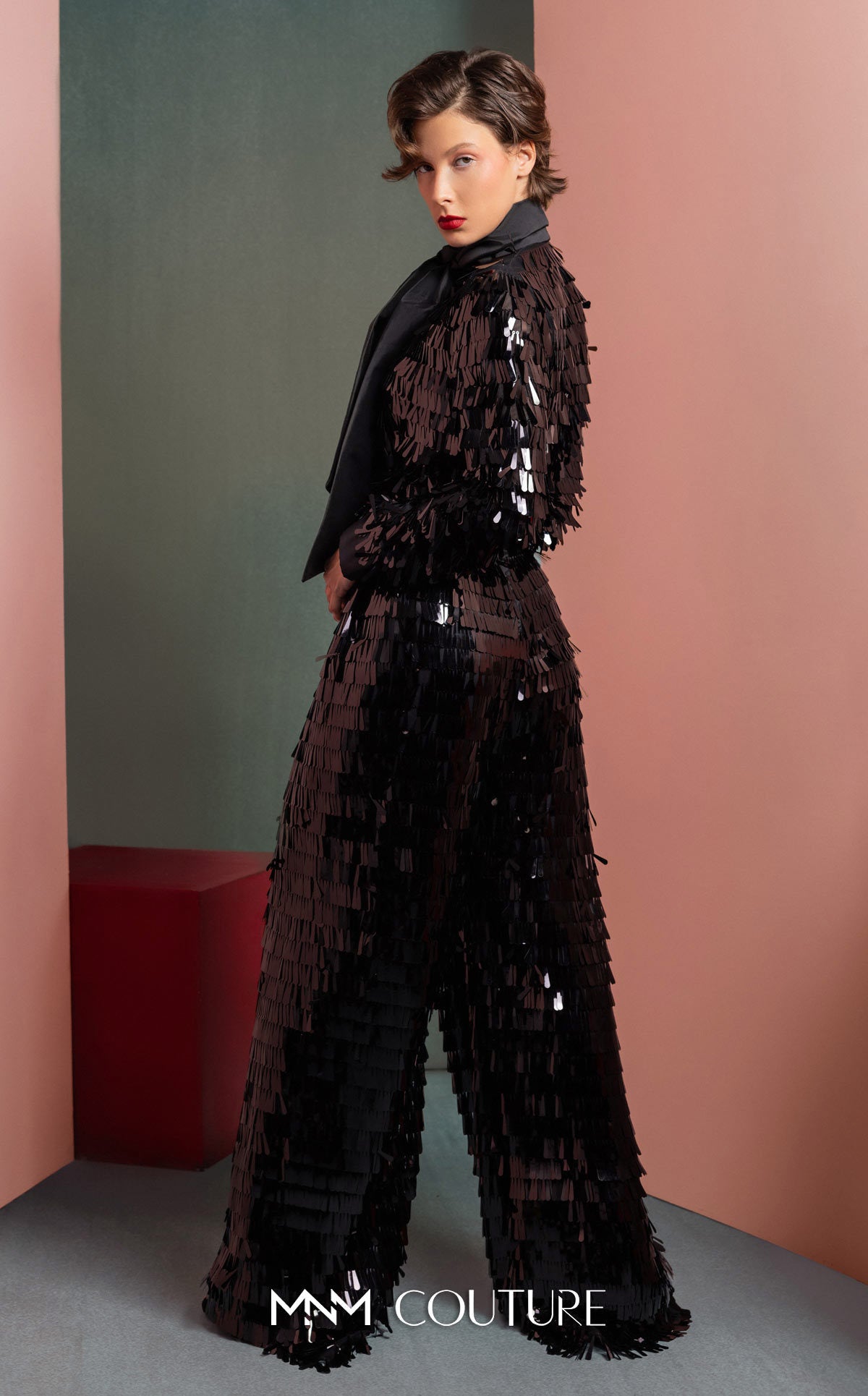 Style GOF2526 Glamorous Sequin Blouse with Oversized Bow Flared Black Sequin Pants