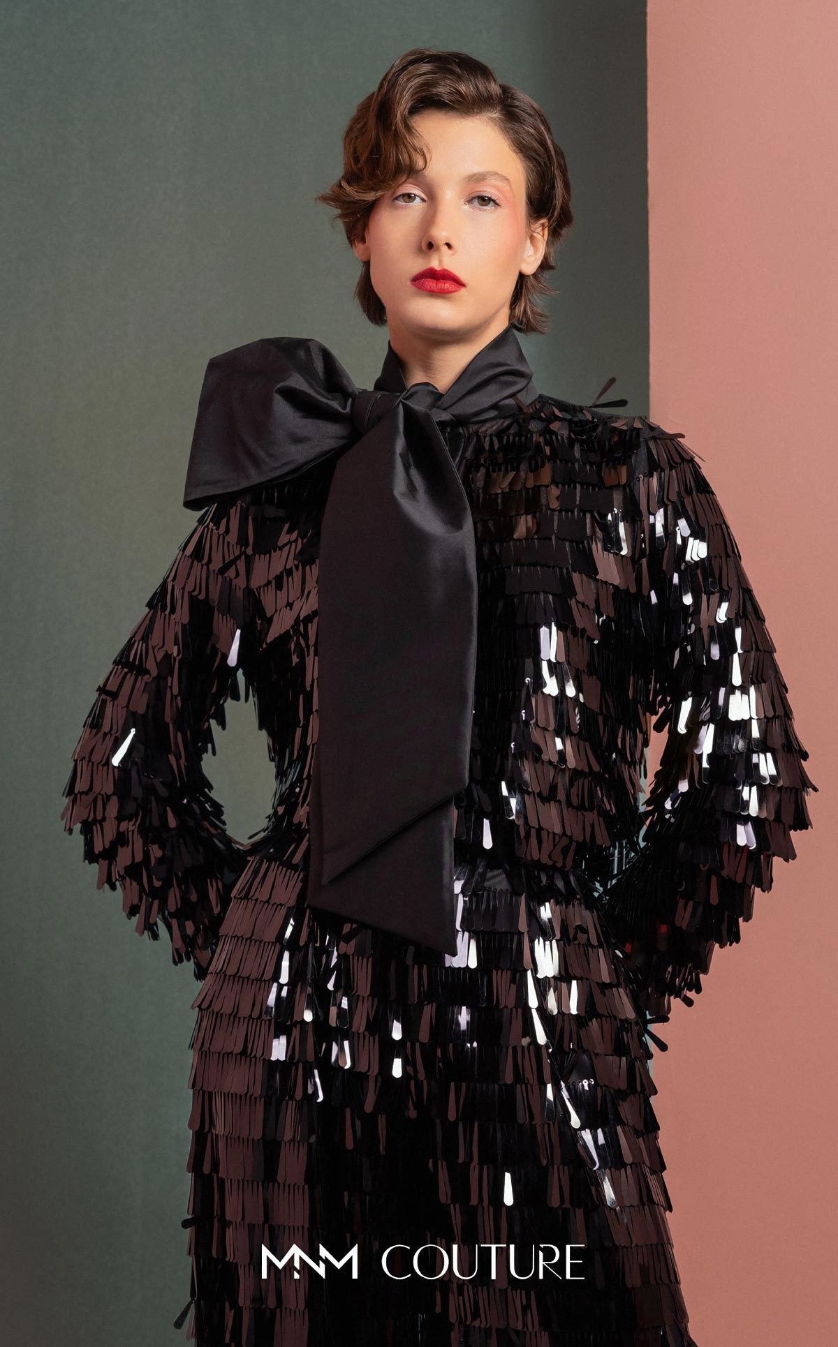 Style GOF2526 Glamorous Sequin Blouse with Oversized Bow Flared Black Sequin Pants