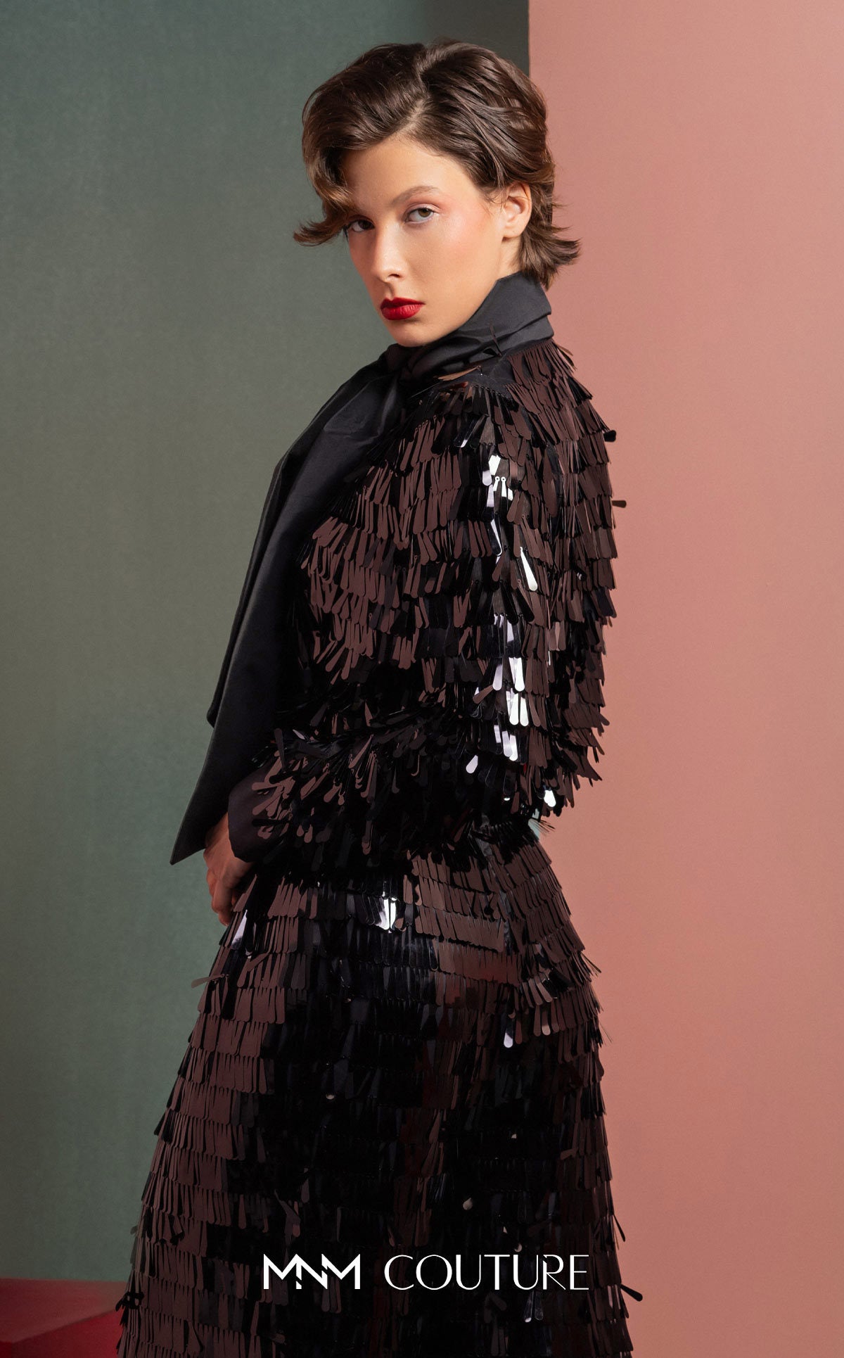 Style GOF2526 Glamorous Sequin Blouse with Oversized Bow Flared Black Sequin Pants