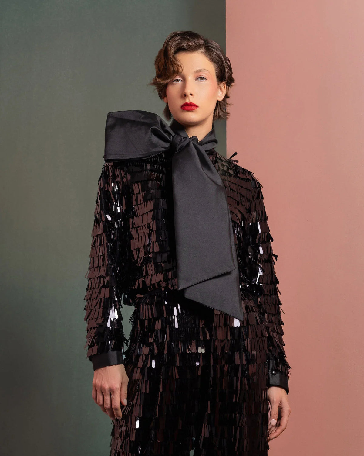 Style GOF2526 Glamorous Sequin Blouse with Oversized Bow Flared Black Sequin Pants