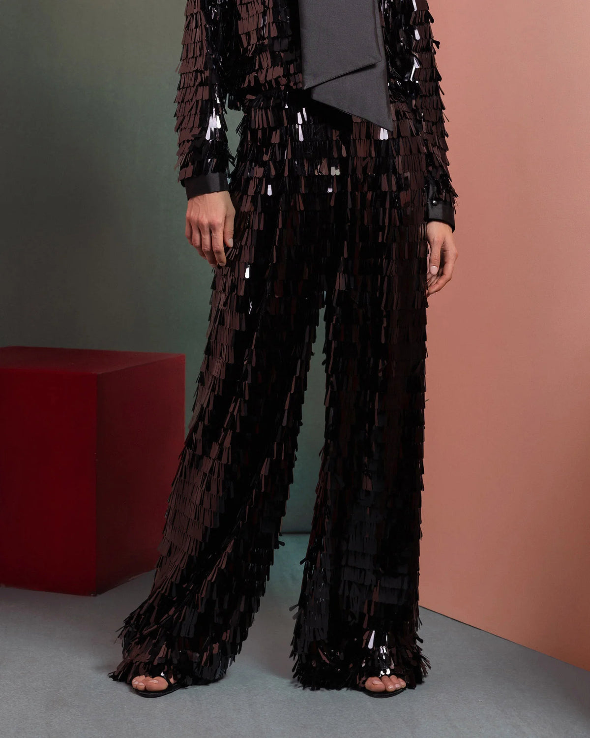 Style GOF2526 Glamorous Sequin Blouse with Oversized Bow Flared Black Sequin Pants