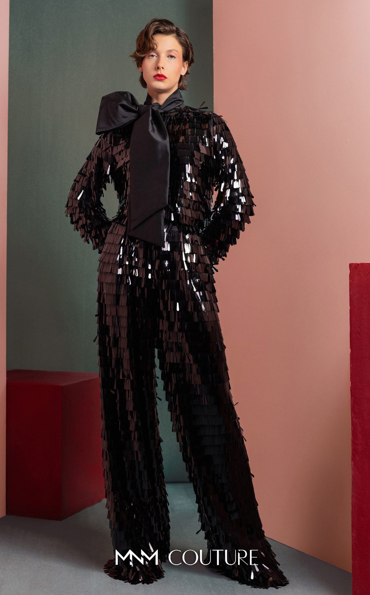 Style GOF2526 Glamorous Sequin Blouse with Oversized Bow Flared Black Sequin Pants