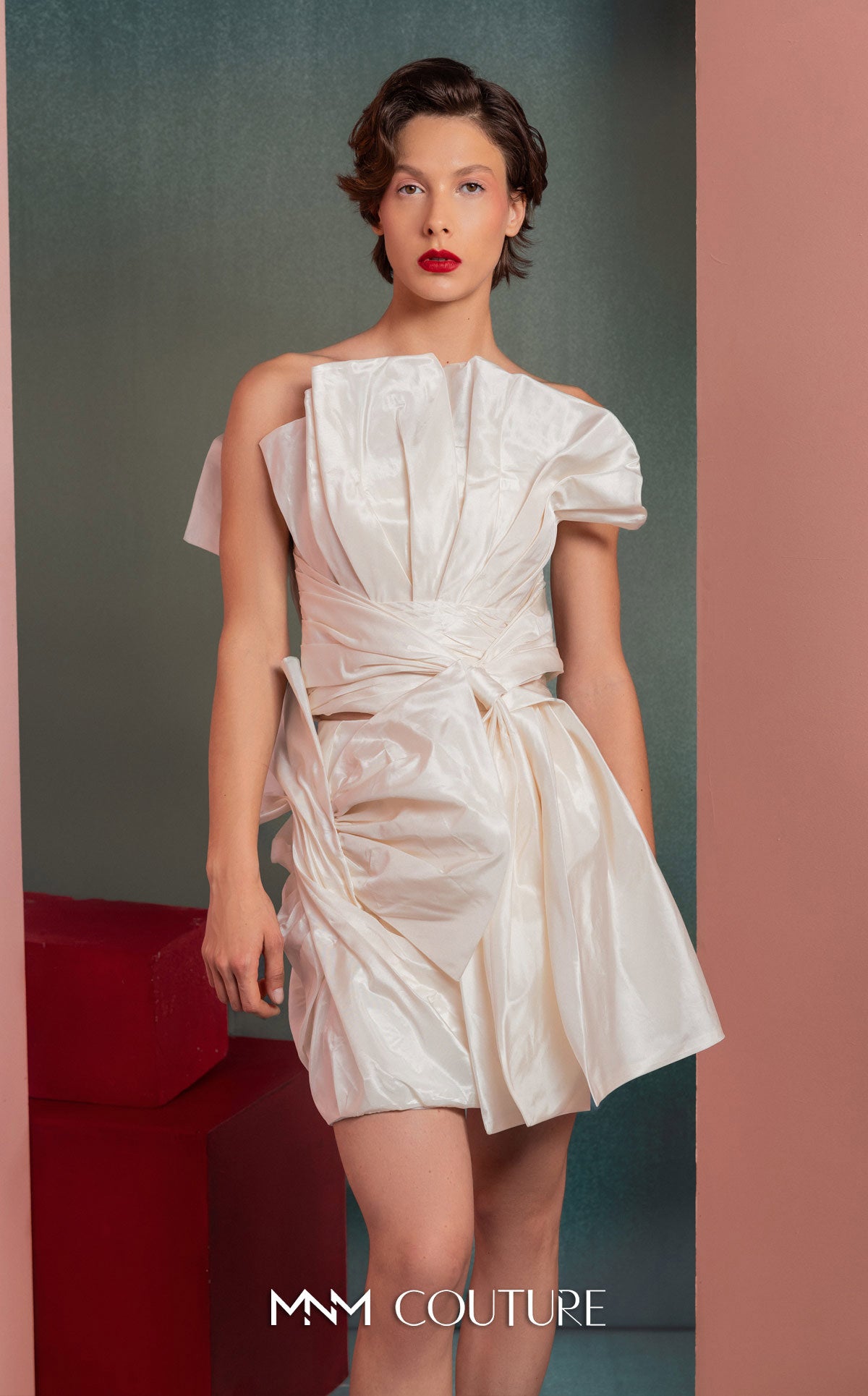 Style GOF2527 Refined Twist in Pearly Off-White Taffeta Top Mini Skirt