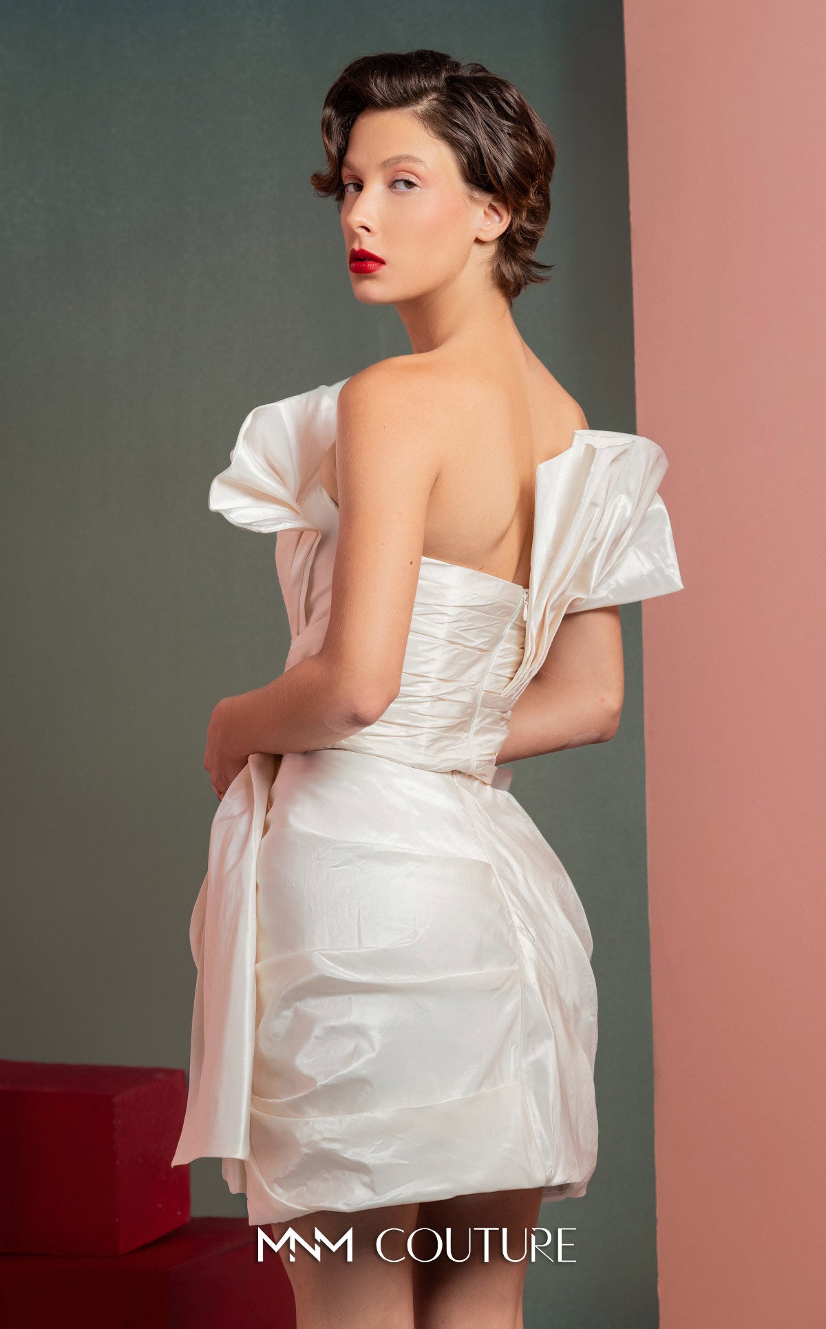 Style GOF2527 Refined Twist in Pearly Off-White Taffeta Top Mini Skirt