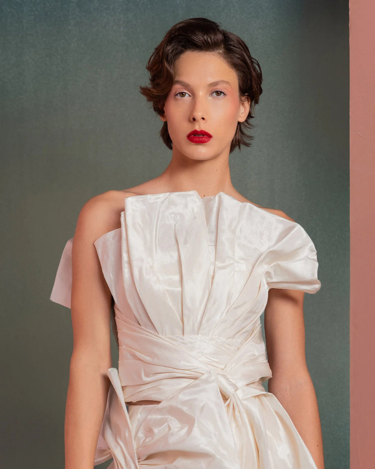 Style GOF2527 Refined Twist in Pearly Off-White Taffeta Top Mini Skirt