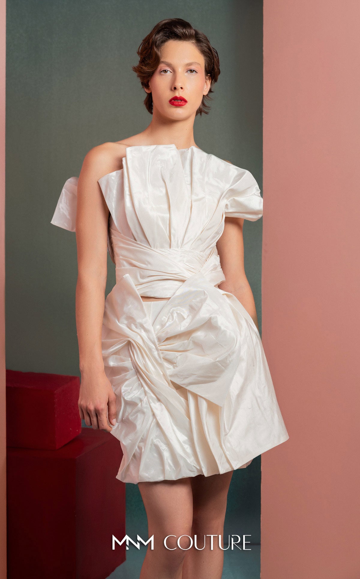 Style GOF2527 Refined Twist in Pearly Off-White Taffeta Top Mini Skirt