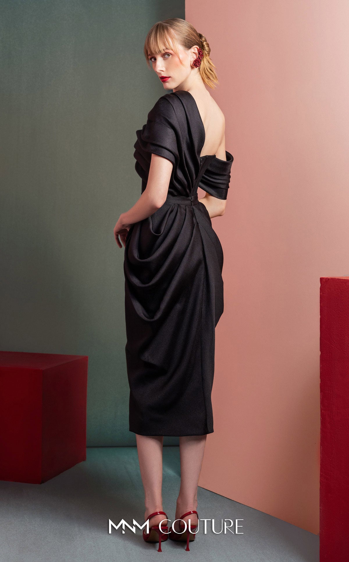 Style GOF2528 Draped One-Shoulder Mikado Piqué Top Sculpted Mikado Piqué Draped Skirt