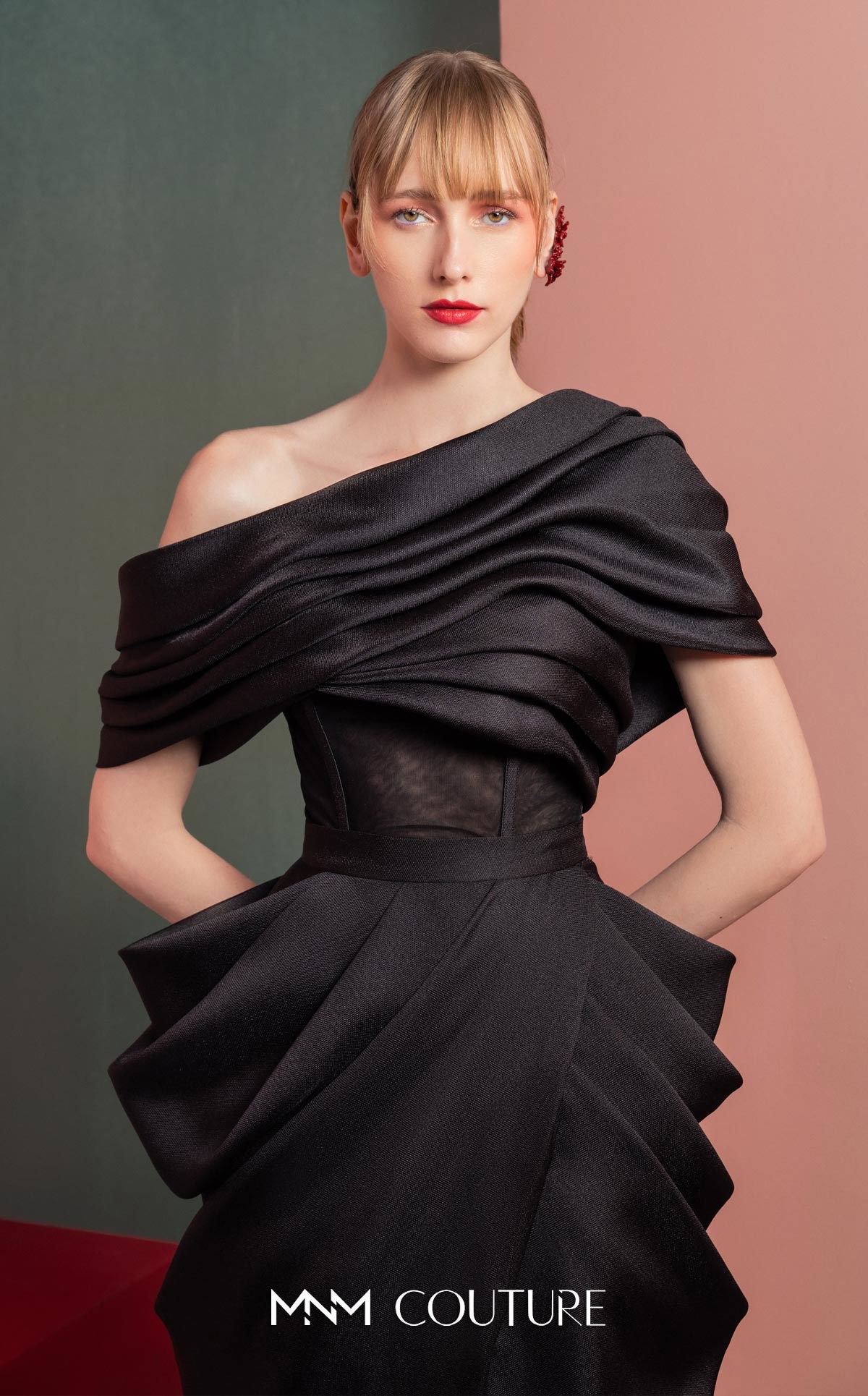 Style GOF2528 Draped One-Shoulder Mikado Piqué Top Sculpted Mikado Piqué Draped Skirt