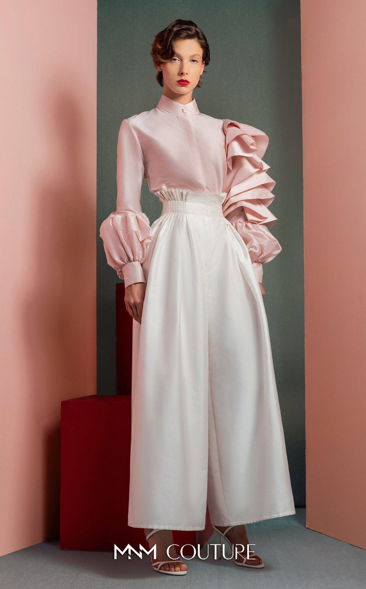 Style GOF2529 Ruffled Sleeves Taffeta Blouse in Soft Pink Wide-Legs White Taffeta Pants