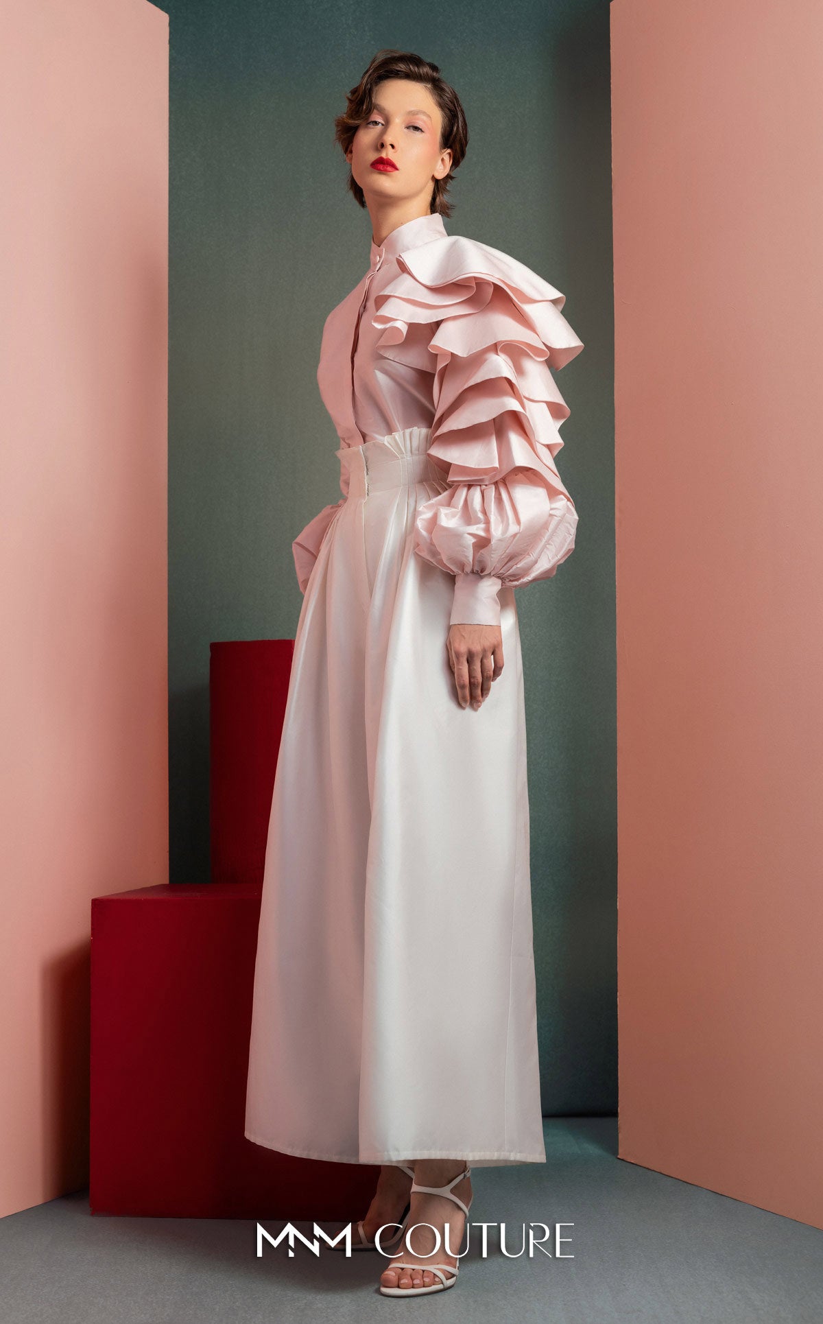 Style GOF2529 Ruffled Sleeves Taffeta Blouse in Soft Pink Wide-Legs White Taffeta Pants