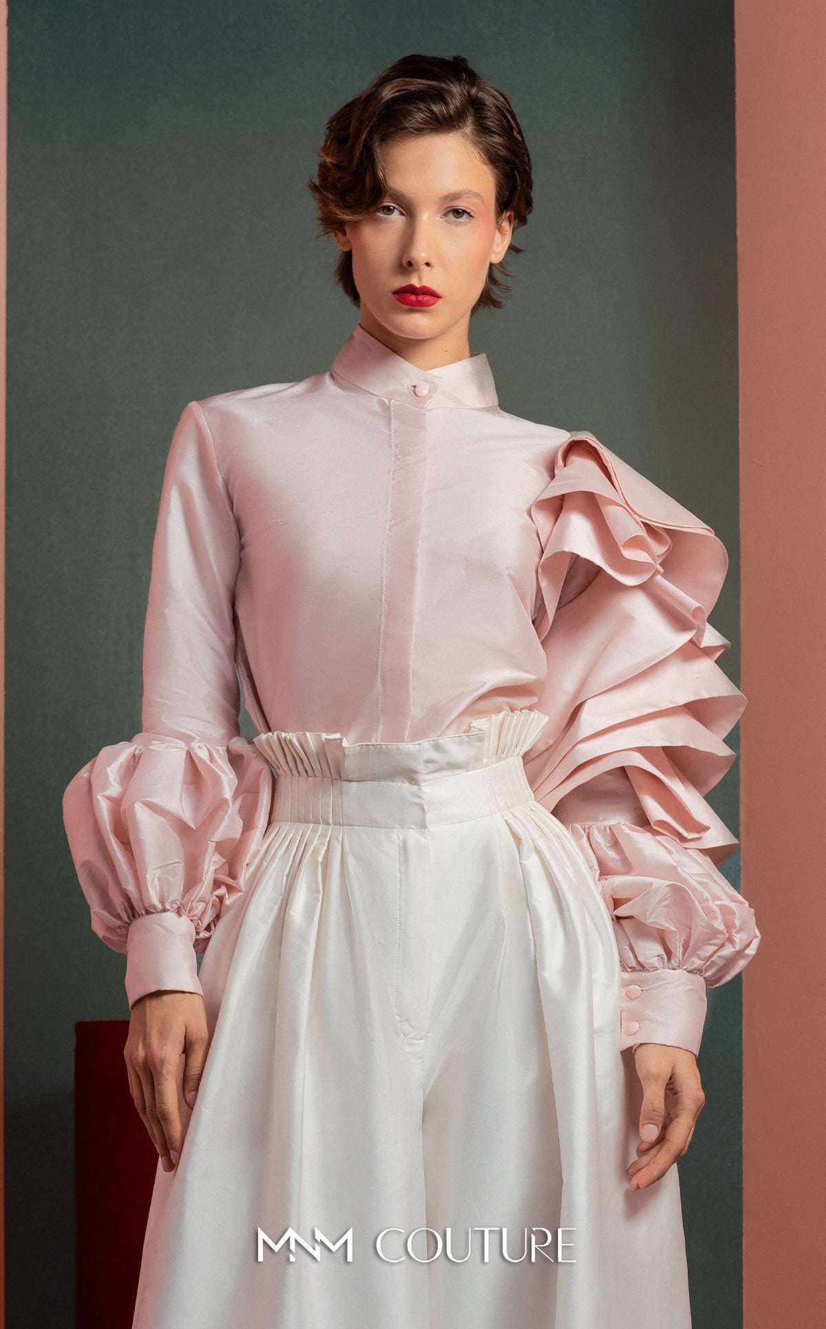 Style GOF2529 Ruffled Sleeves Taffeta Blouse in Soft Pink Wide-Legs White Taffeta Pants