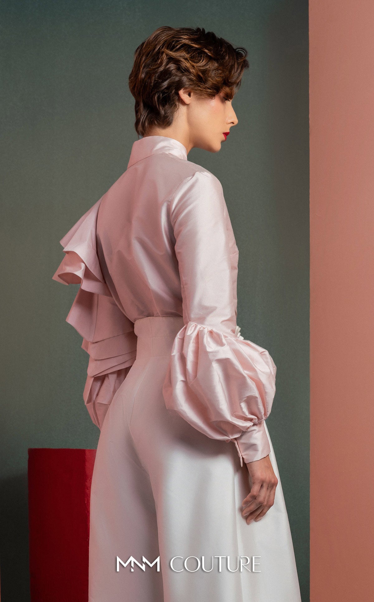 Style GOF2529 Ruffled Sleeves Taffeta Blouse in Soft Pink Wide-Legs White Taffeta Pants