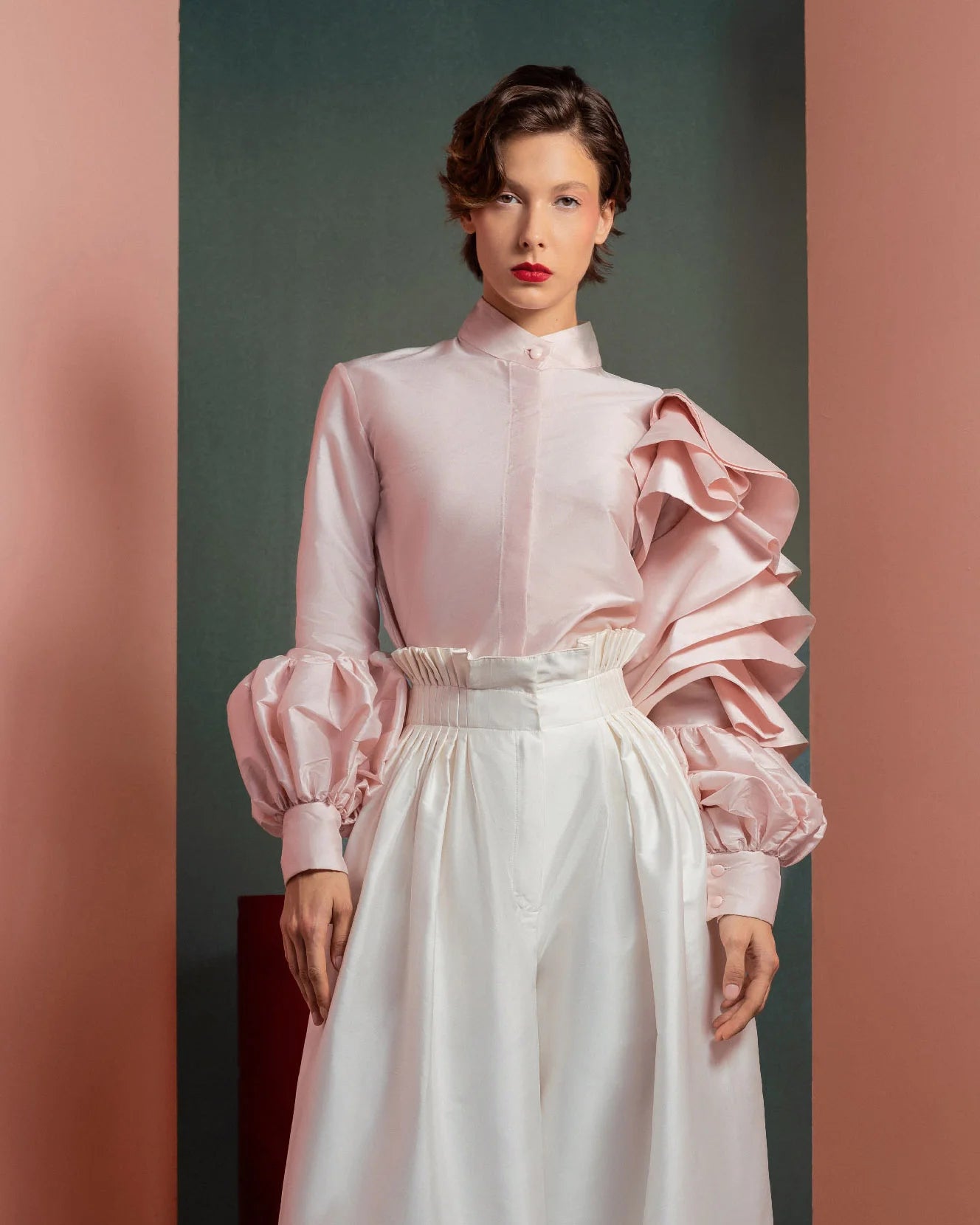 Style GOF2529 Ruffled Sleeves Taffeta Blouse in Soft Pink Wide-Legs White Taffeta Pants