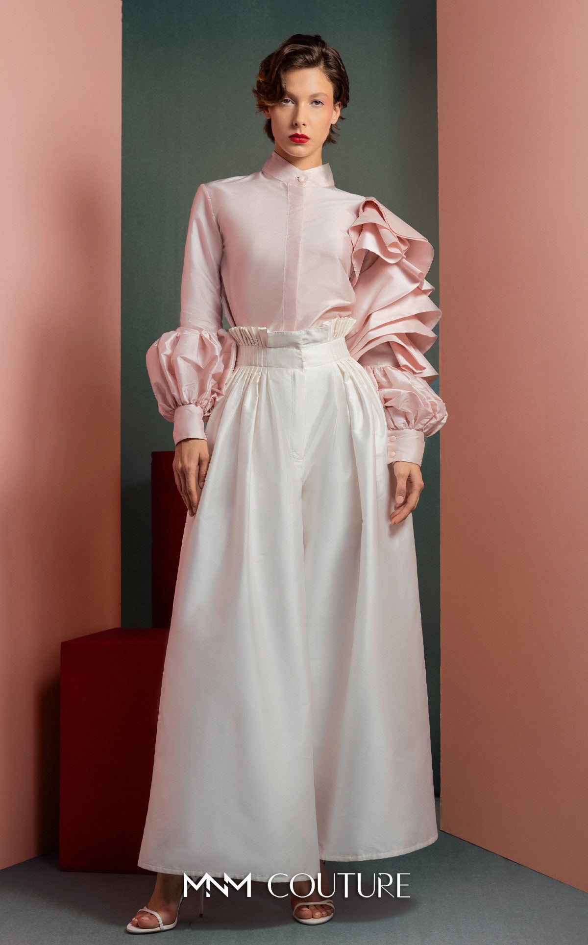 Style GOF2529 Ruffled Sleeves Taffeta Blouse in Soft Pink Wide-Legs White Taffeta Pants